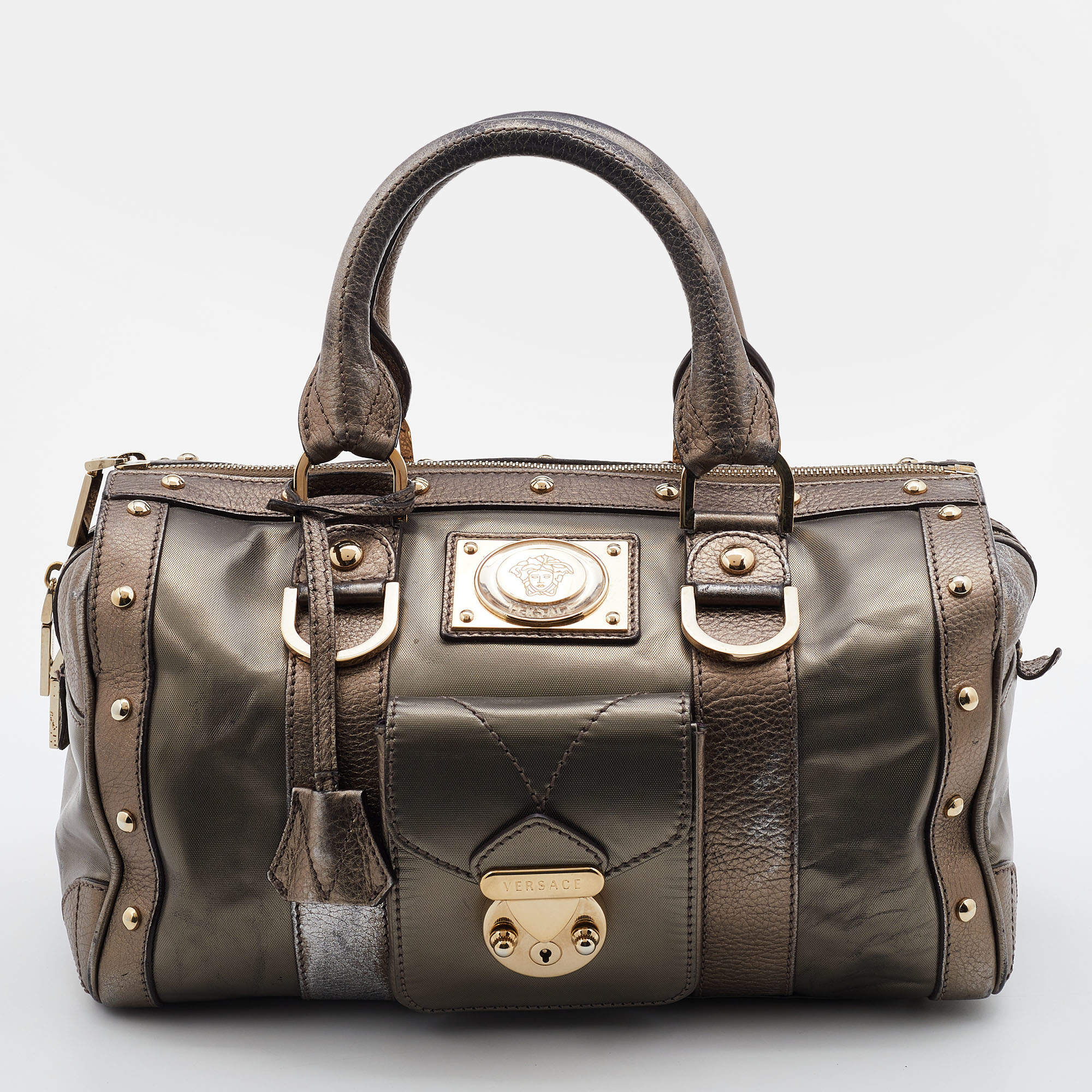 Versace Metallic Coated Fabric and Leather Snap Out Of It Satchel