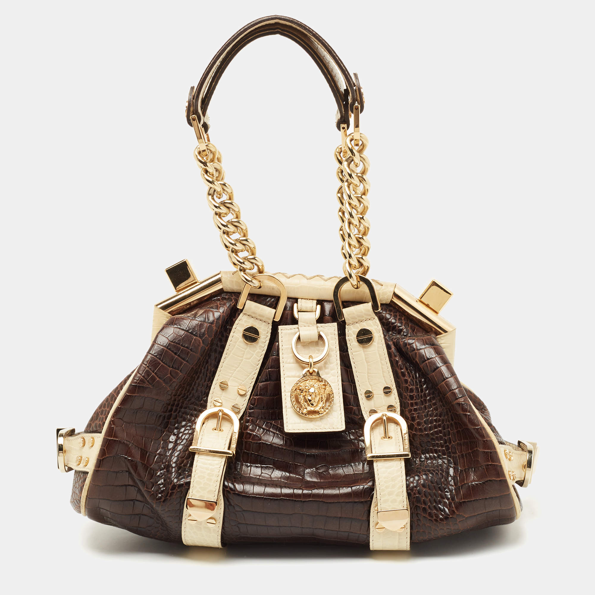 Pre Owned Versace Brown/Cream Croc Embossed Leather Madonna Satchel