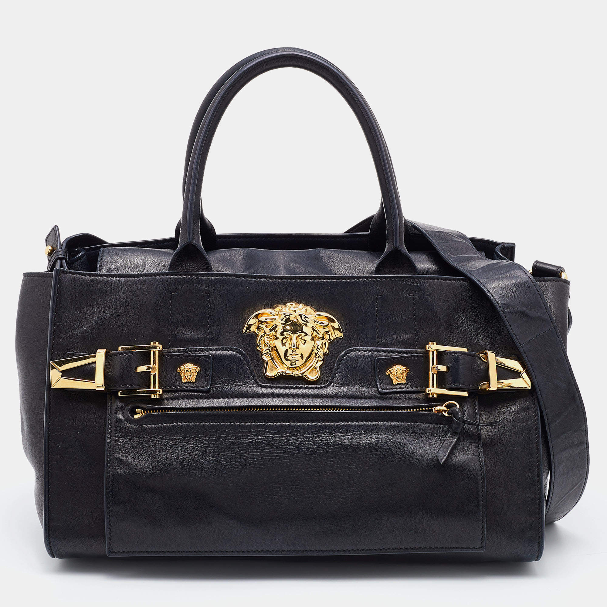 Pre Owned Versace Black Leather Donna Palazzo Tote