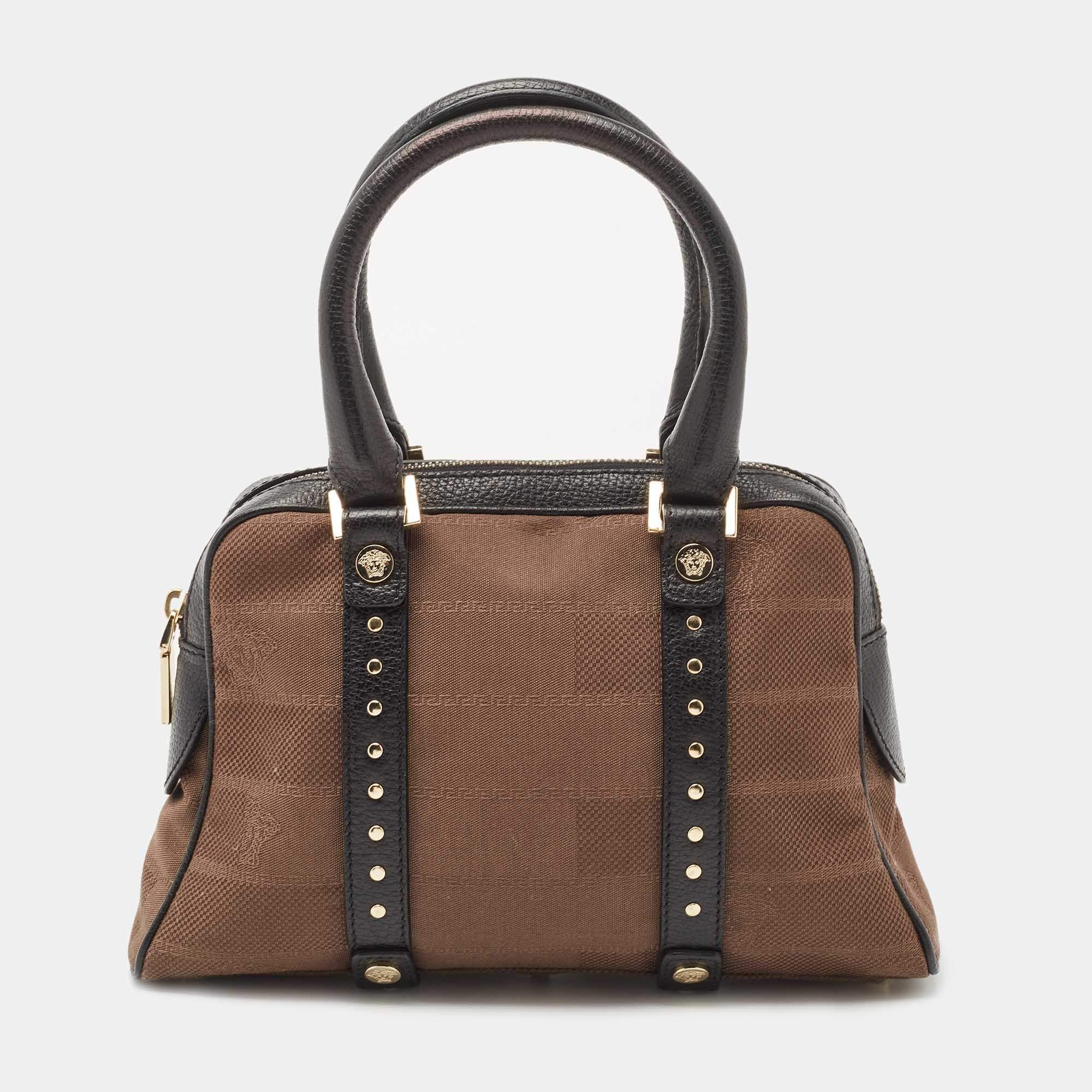 Versace Brown/Black Medusa Print Fabric and Leather Studded Satchel