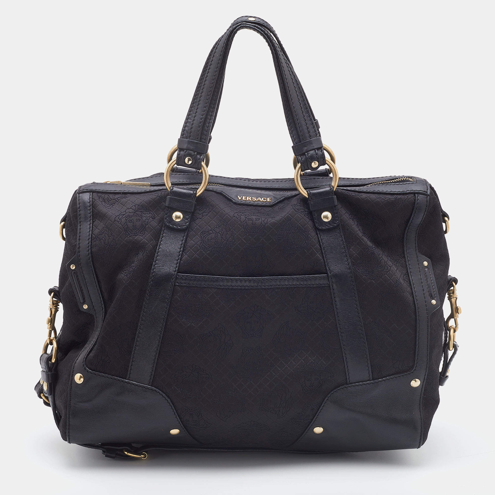 Pre Owned Versace Black Medusa Print Fabric and Leather Studded Satchel