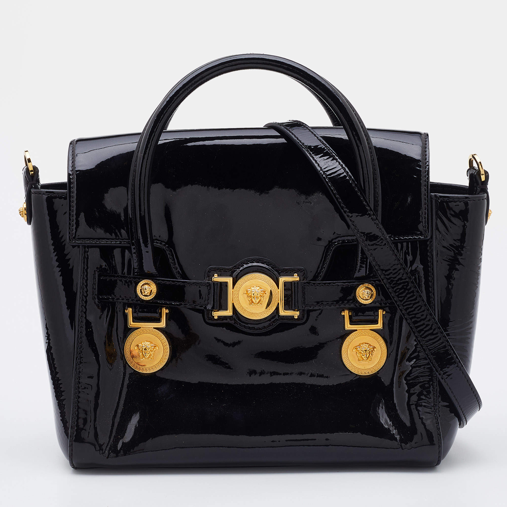 Pre Owned Versace Black Patent Leather Medusa Medallion Tote