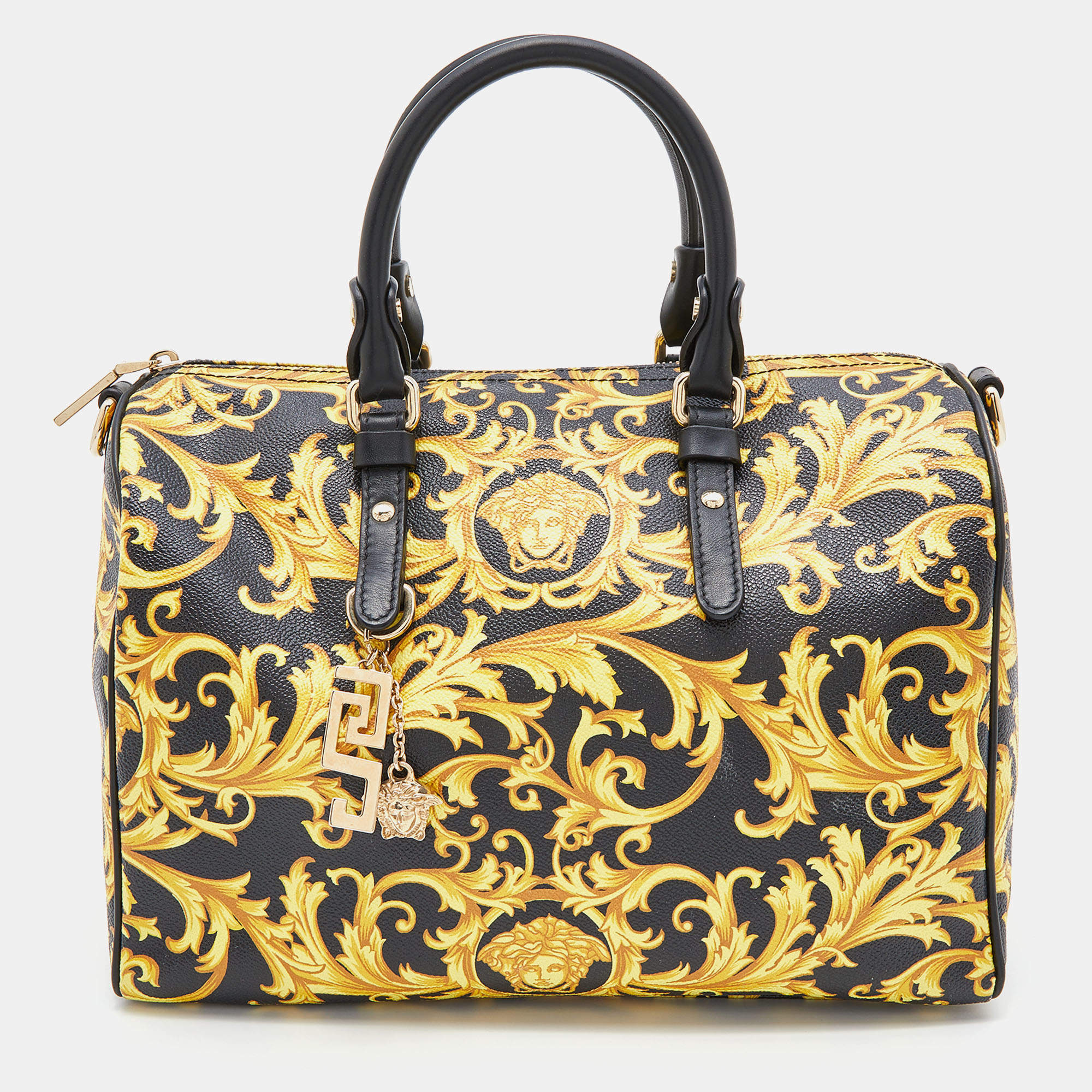 Pre Owned Versace Black/Yellow Printed Coated Canvas and Leather Boston Bag