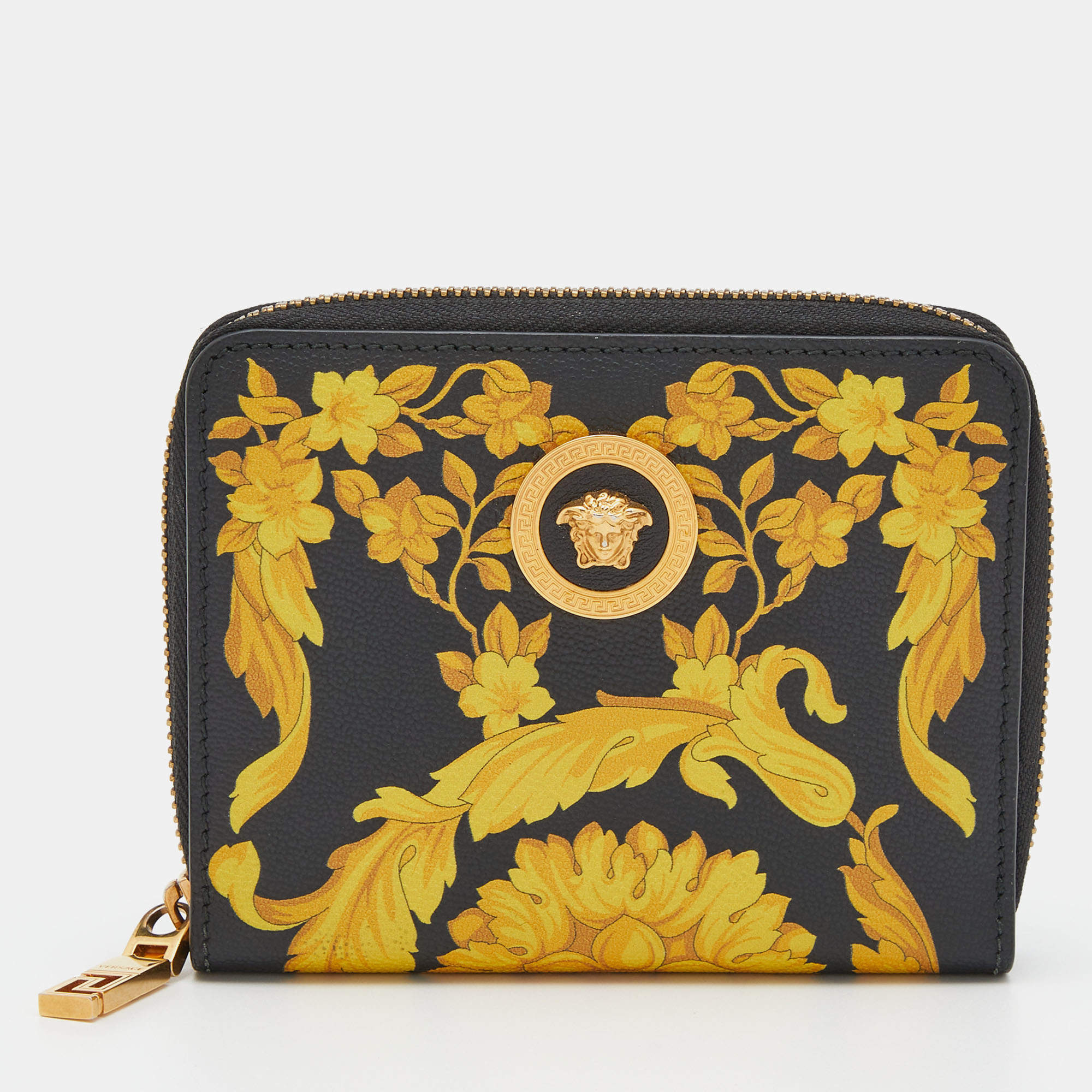Versace Black/Yellow Baroque Print Coated Canvas Zip Around Wallet