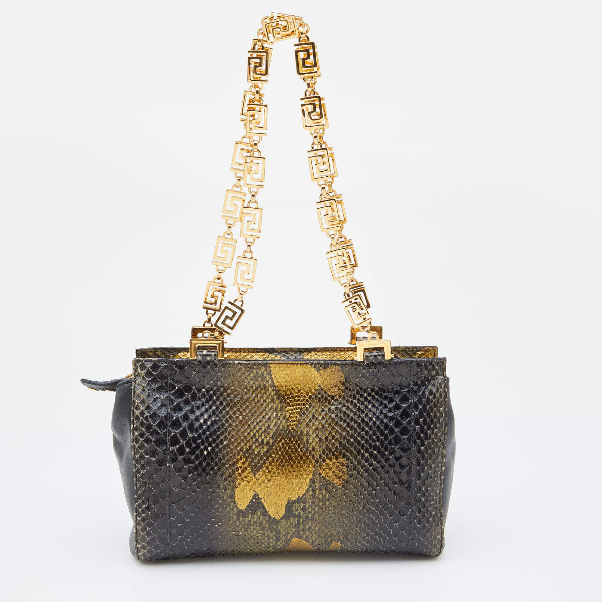 Pre Owned Versace Black/Gold Python and Leather Medusa Studded Chain Shoulder Bag