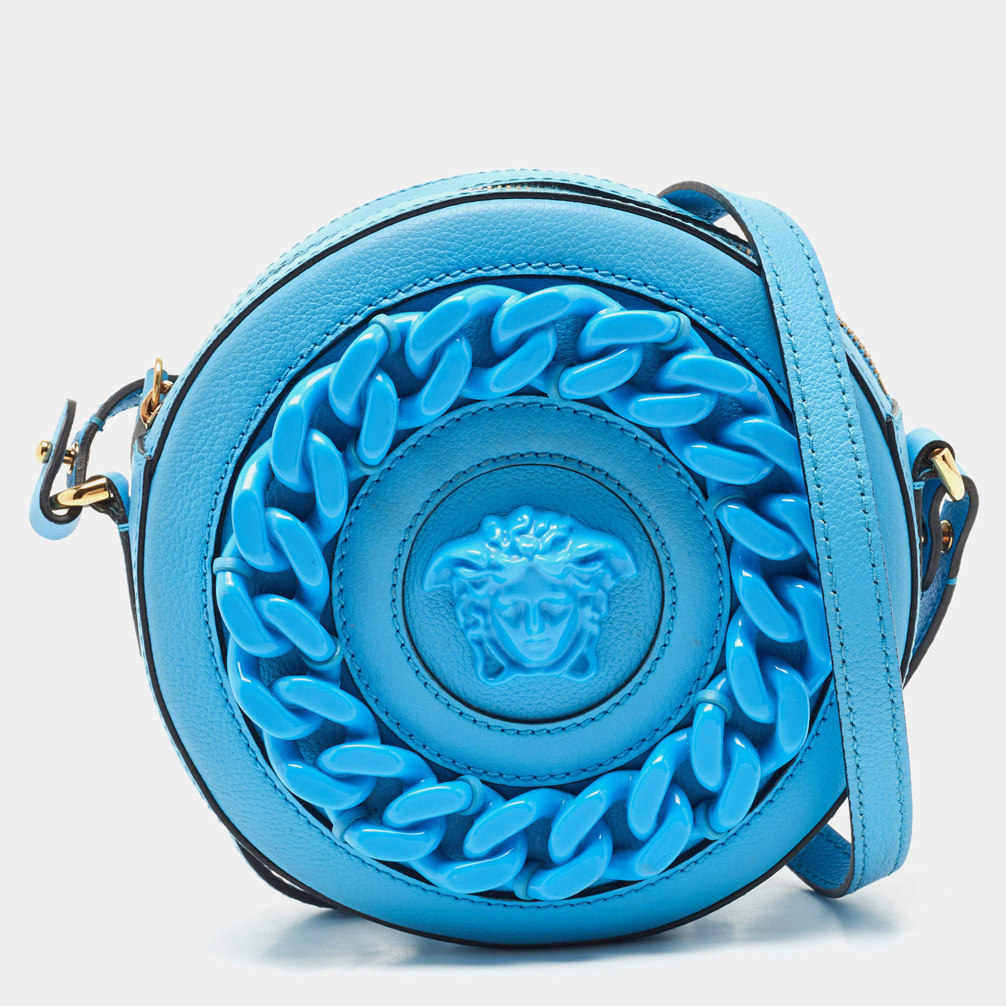 VERSACE★素敵！Blue Leather MEDUSA Crossbody GRECA STRAP BAG NEW $1,400 VERSACE Men Blue Leather GOLD MEDUSA LOGO