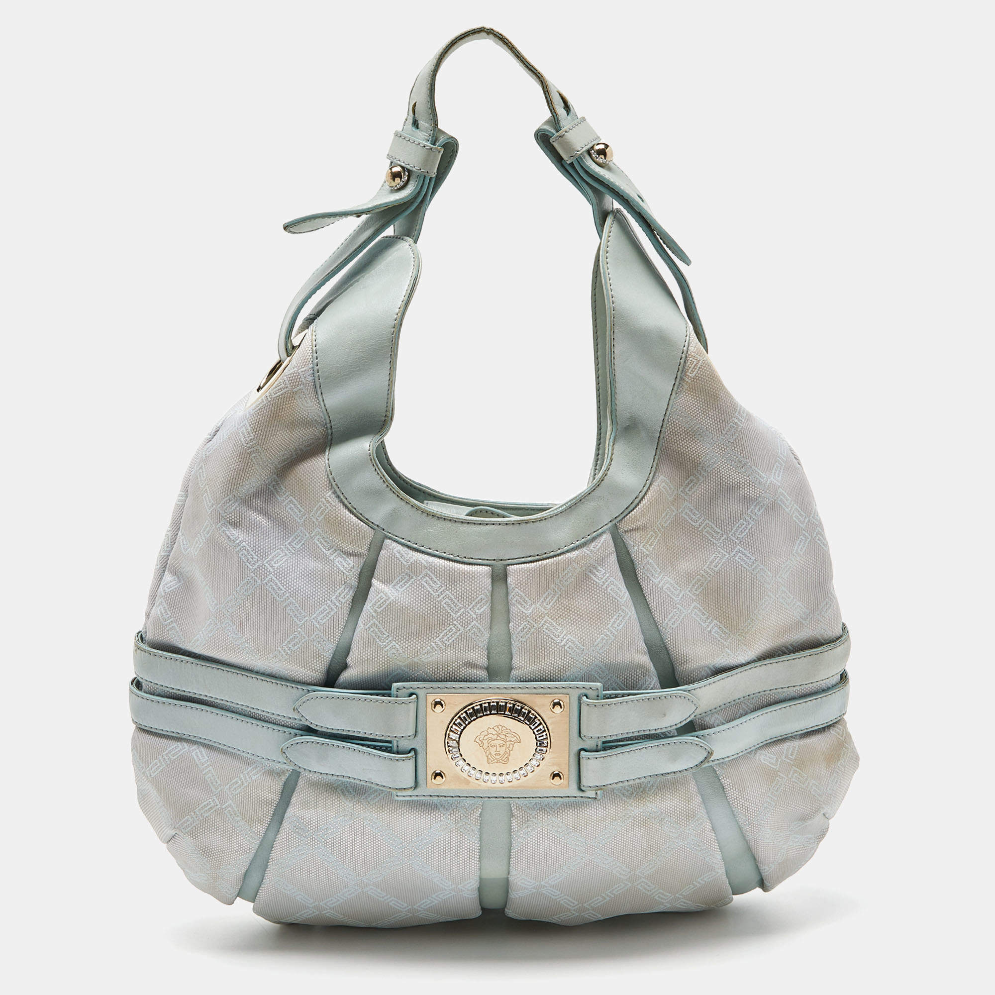 Pre Owned Versace Ice Blue Signature Nylon and Leather Hobo