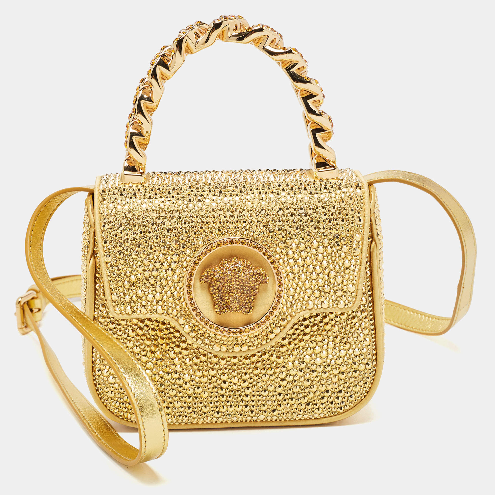 Versace Gold Satin Mini Limited Edition Crystal Embellished Top Handle Bag  Versace