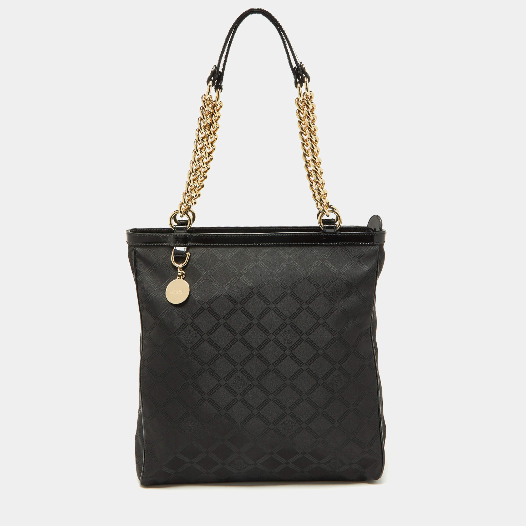 Pre Owned Versace Black Signature Fabric and Patent Leather Shopper Chain Tote