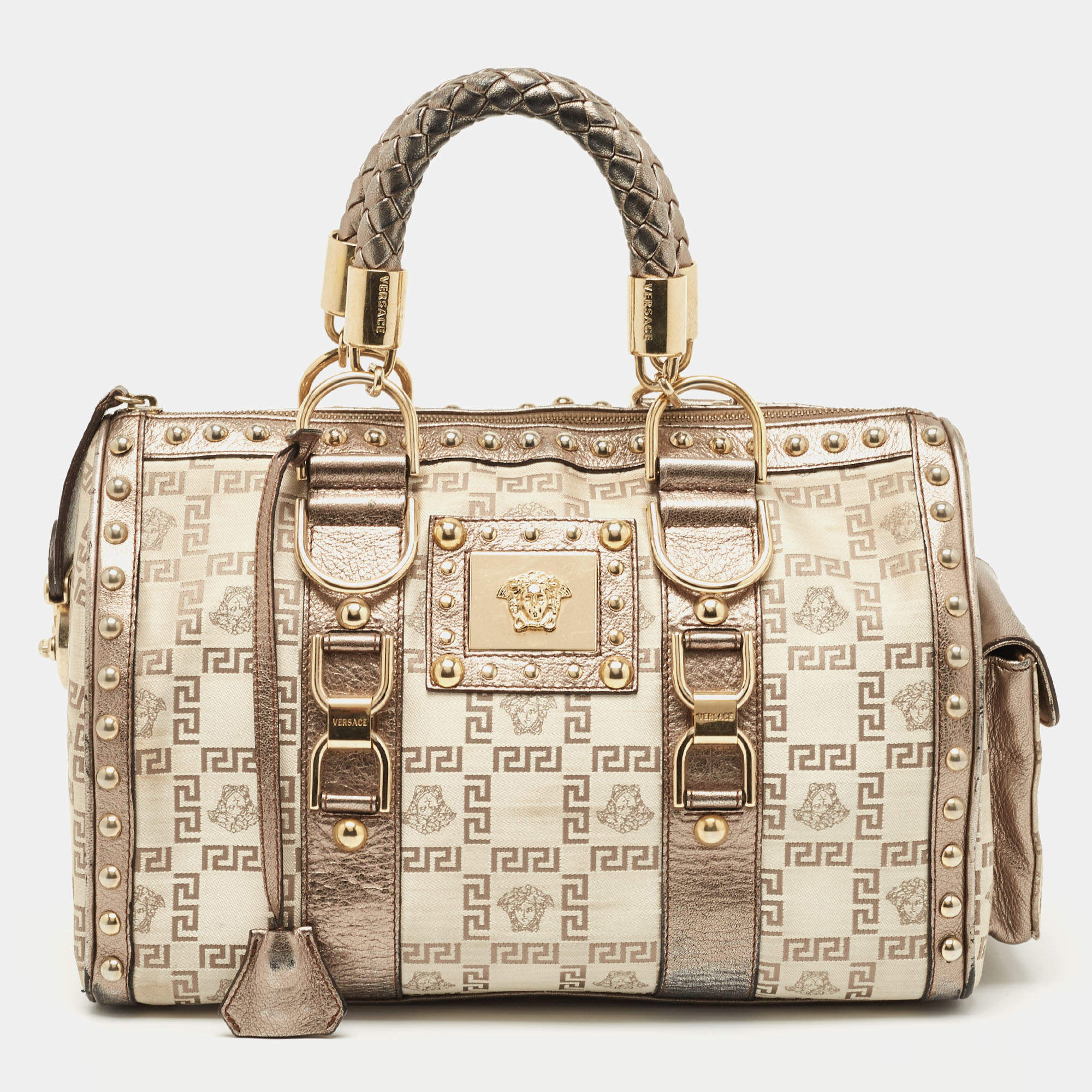 Versace Pale Gold/Beige Signature Fabric and Leather Snap Out Of It Satchel