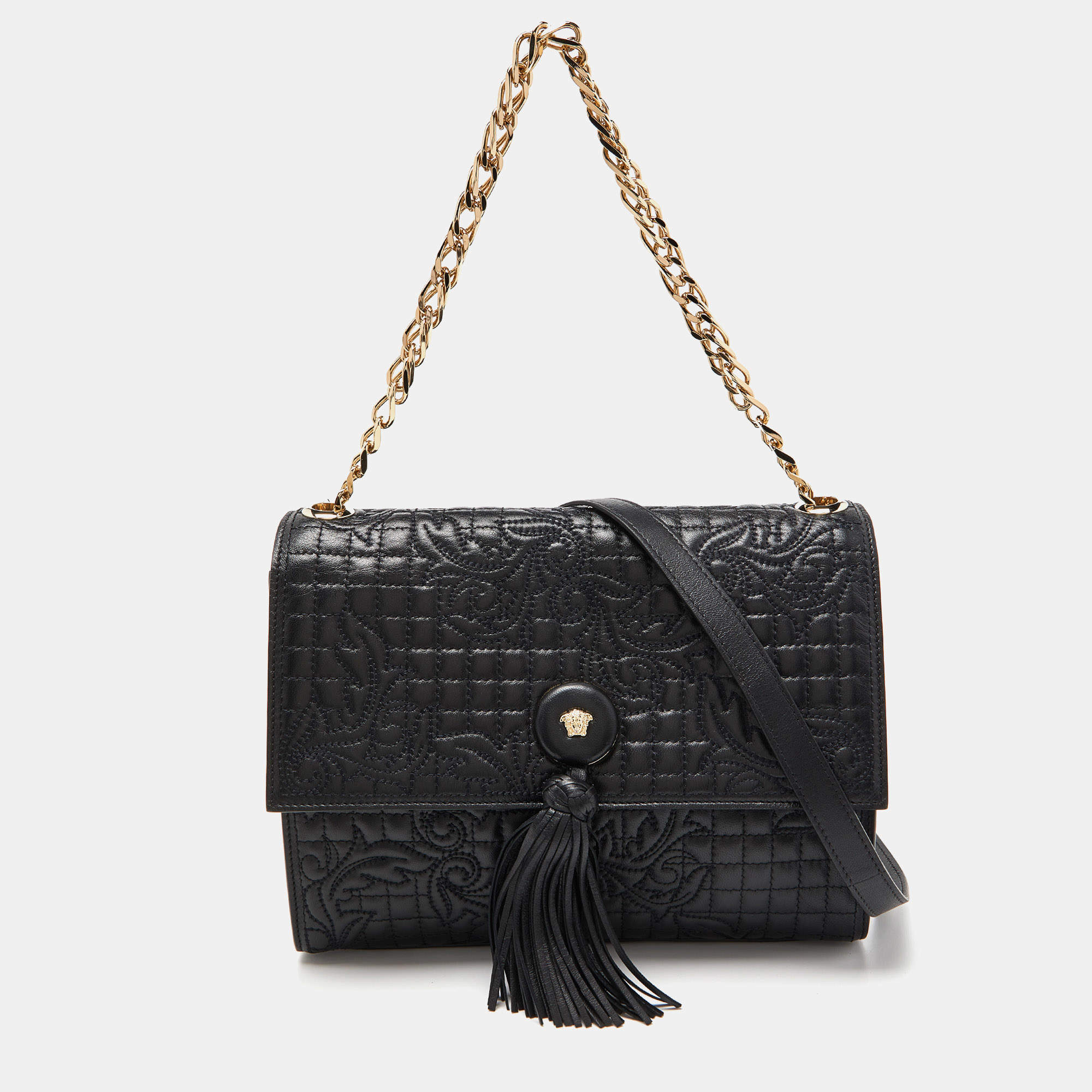 Pre Owned Versace Black Leather Tassel Medusa Shoulder Bag
