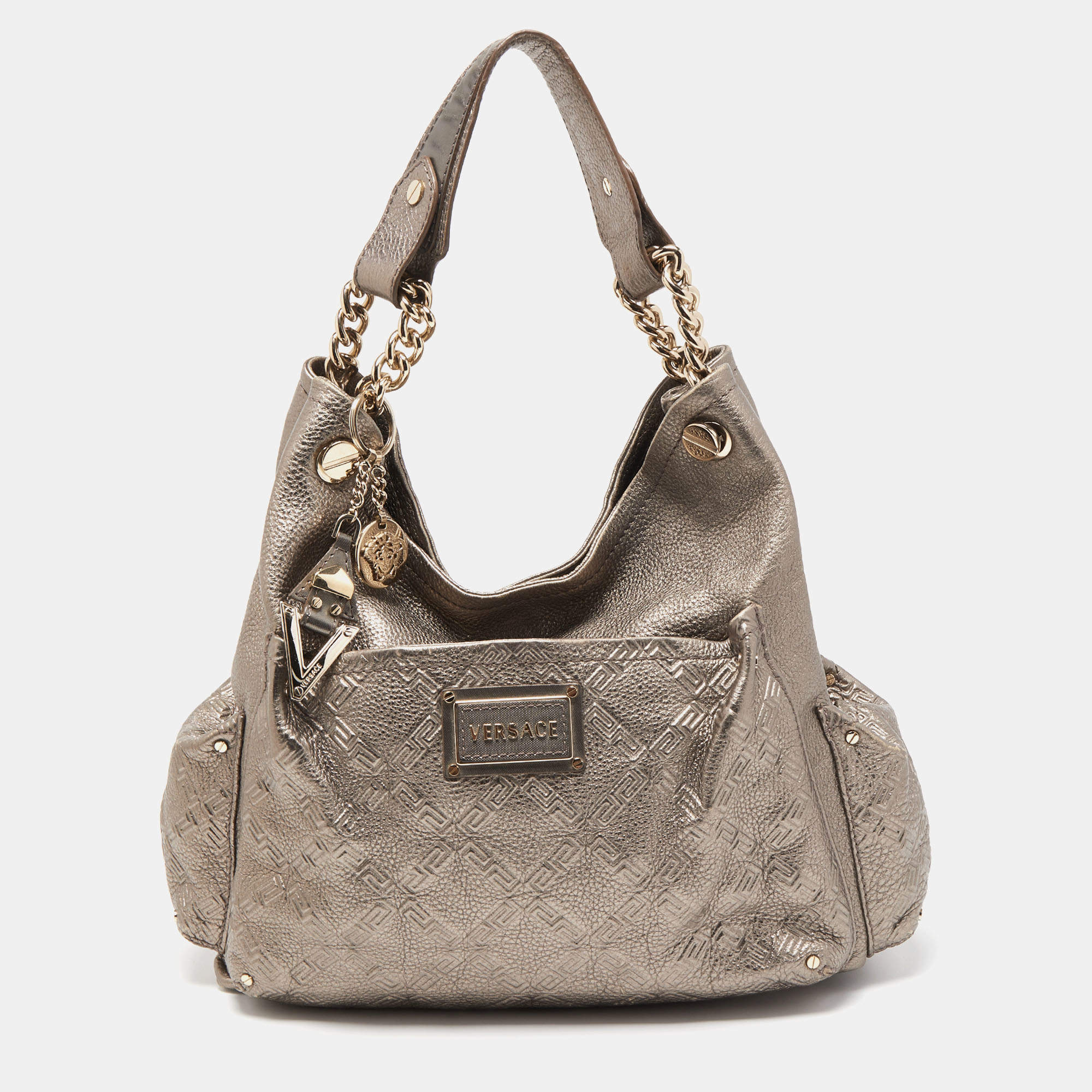 Pre Owned Versace Metallic Embossed Leather Front Pocket Shoulder Bag