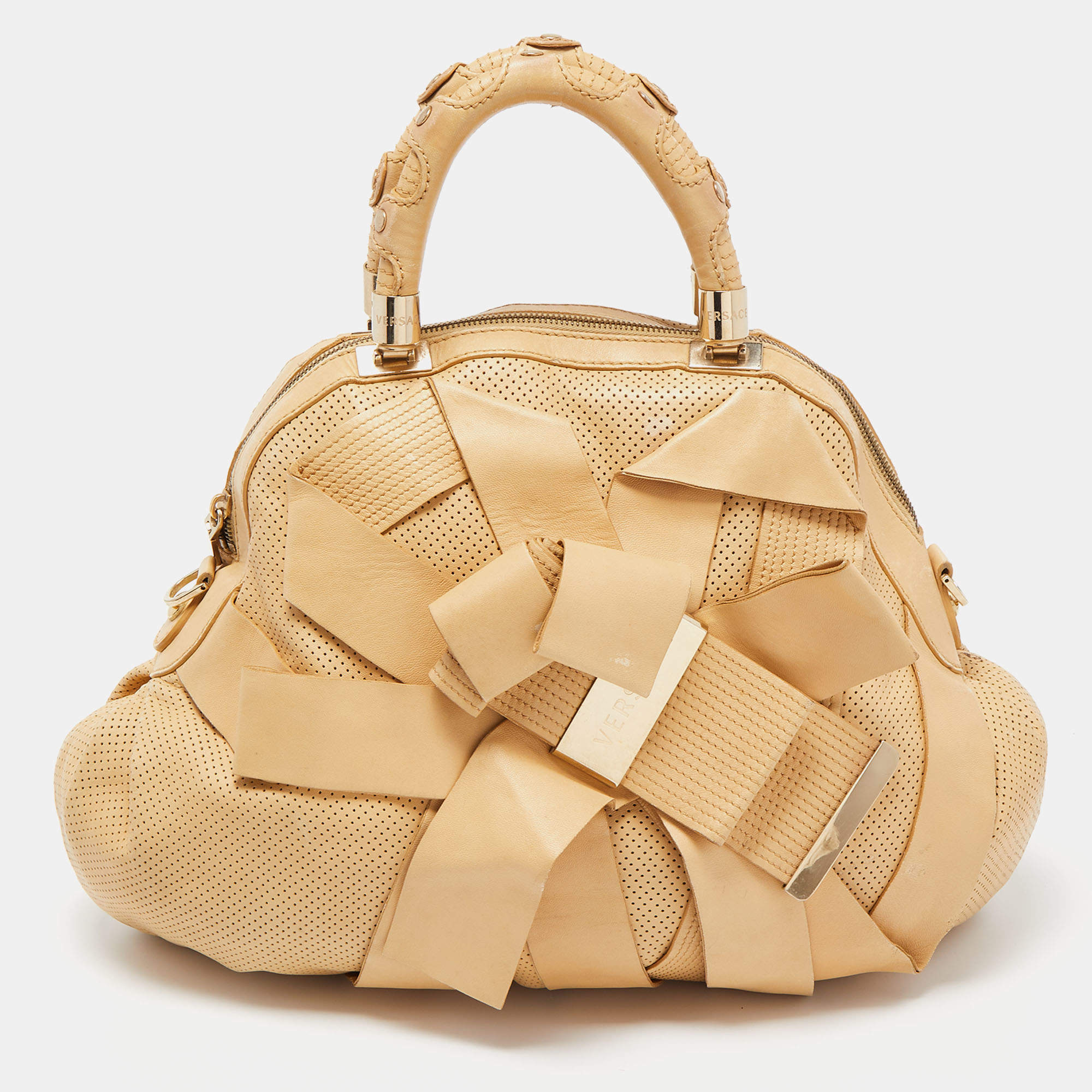 Pre Owned Versace Beige Perforated Leather Venita Bow Satchel 