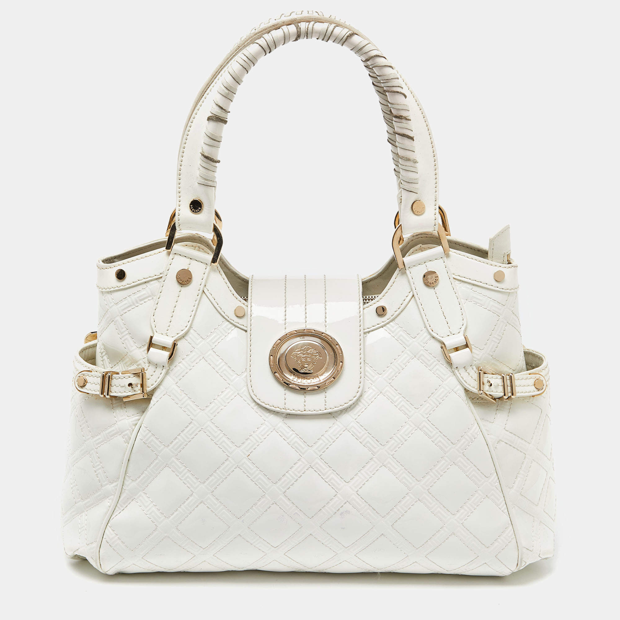 Pre Owned Versace White Quilted Patent Leather Satchel