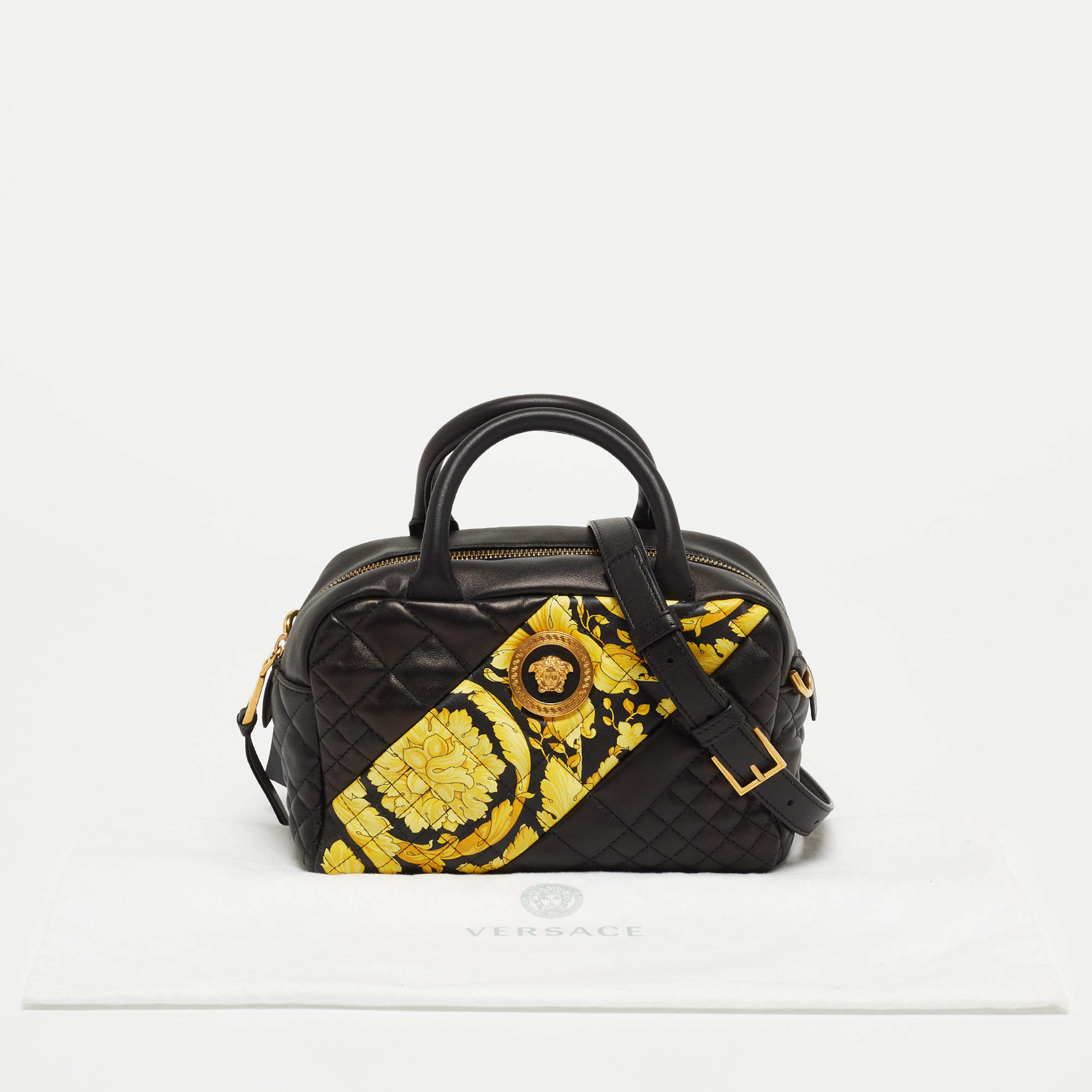 Versace Black Baroque Print Quilted Leather Icon Medusa Bowler Bag Versace