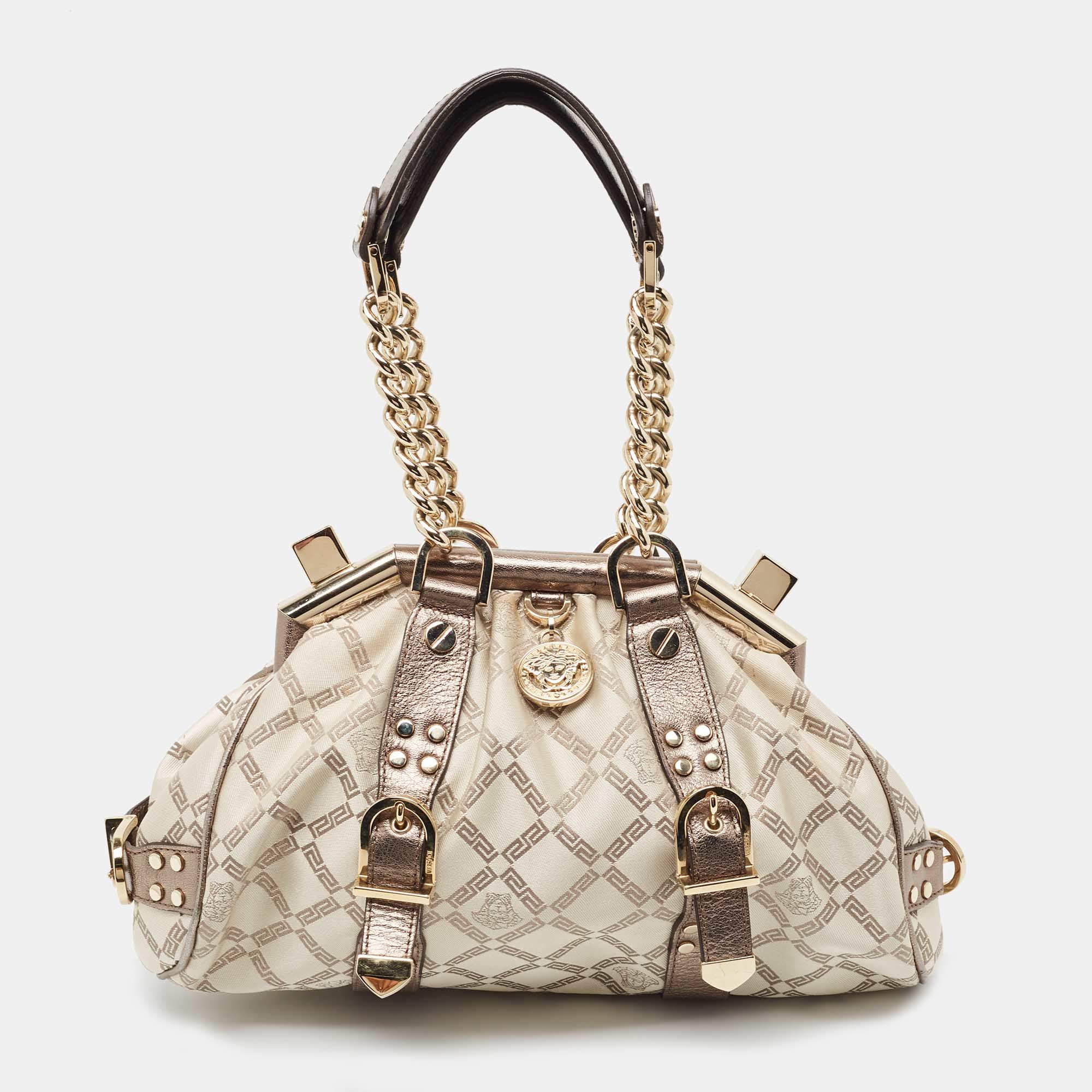 Versace Olive Green/Cream Signature Fabric and Leather Madonna Frame Satchel