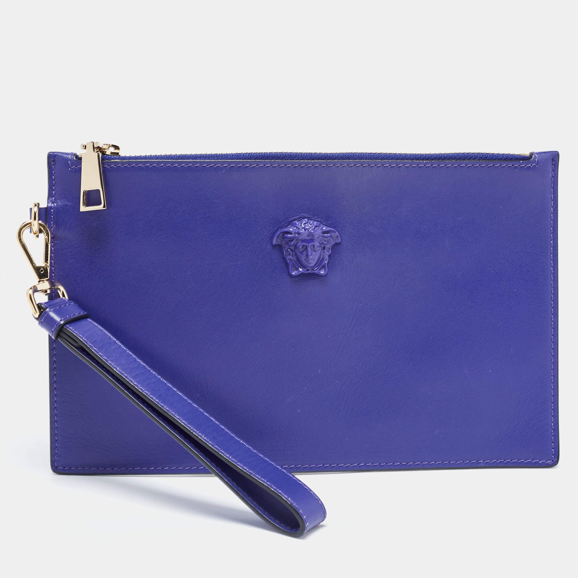 Pre Owned Versace Indigo Leather La Medusa Wristlet Pouch