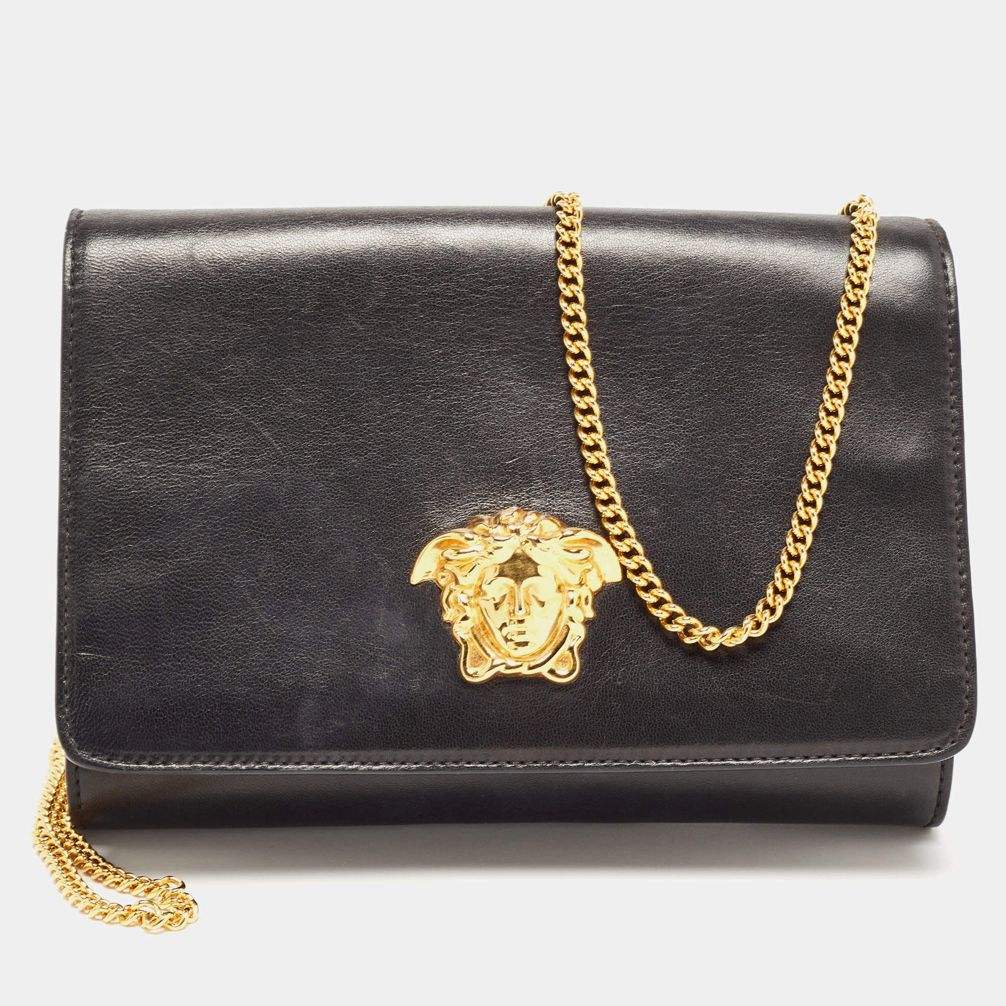 Pre Owned Versace Black Leather La Medusa Flap Chain Clutch
