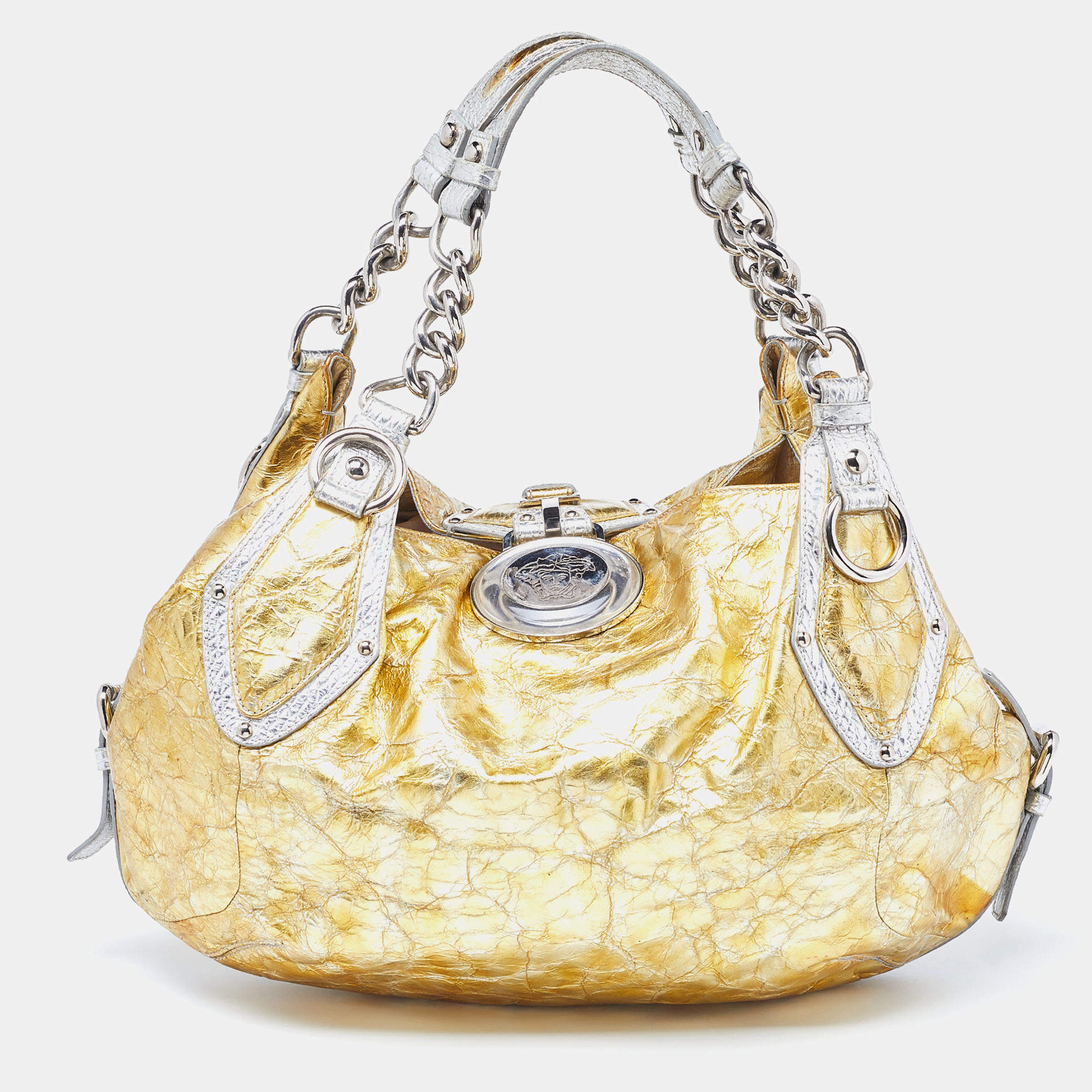 Pre Owned Versace Yellow/Silver Crinkled Hologram Patent Leather Medusa Flap Hobo 