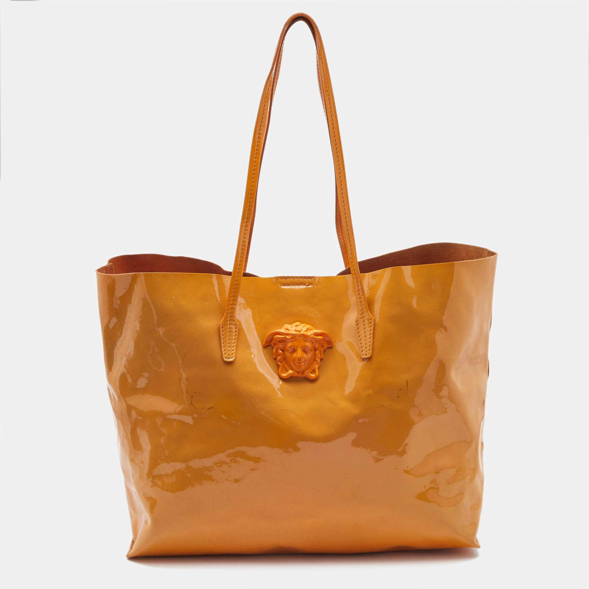 Pre Owned Versace Orange Patent Leather Medusa Icon Shopper Tote