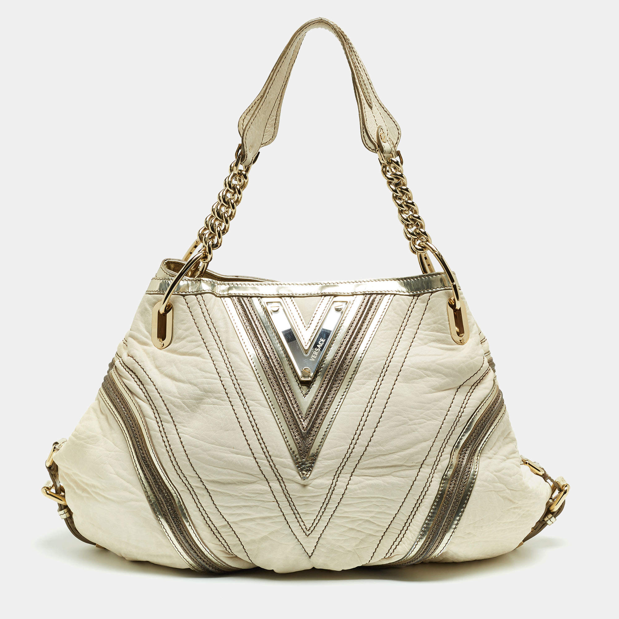 Versace Cream/Gold Leather Shoulder Bag