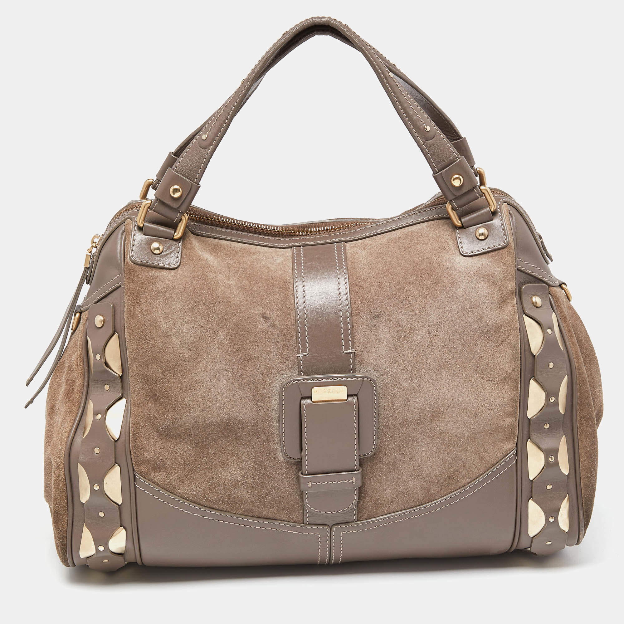 Versace Grey Leather Metal Embellished Hobo