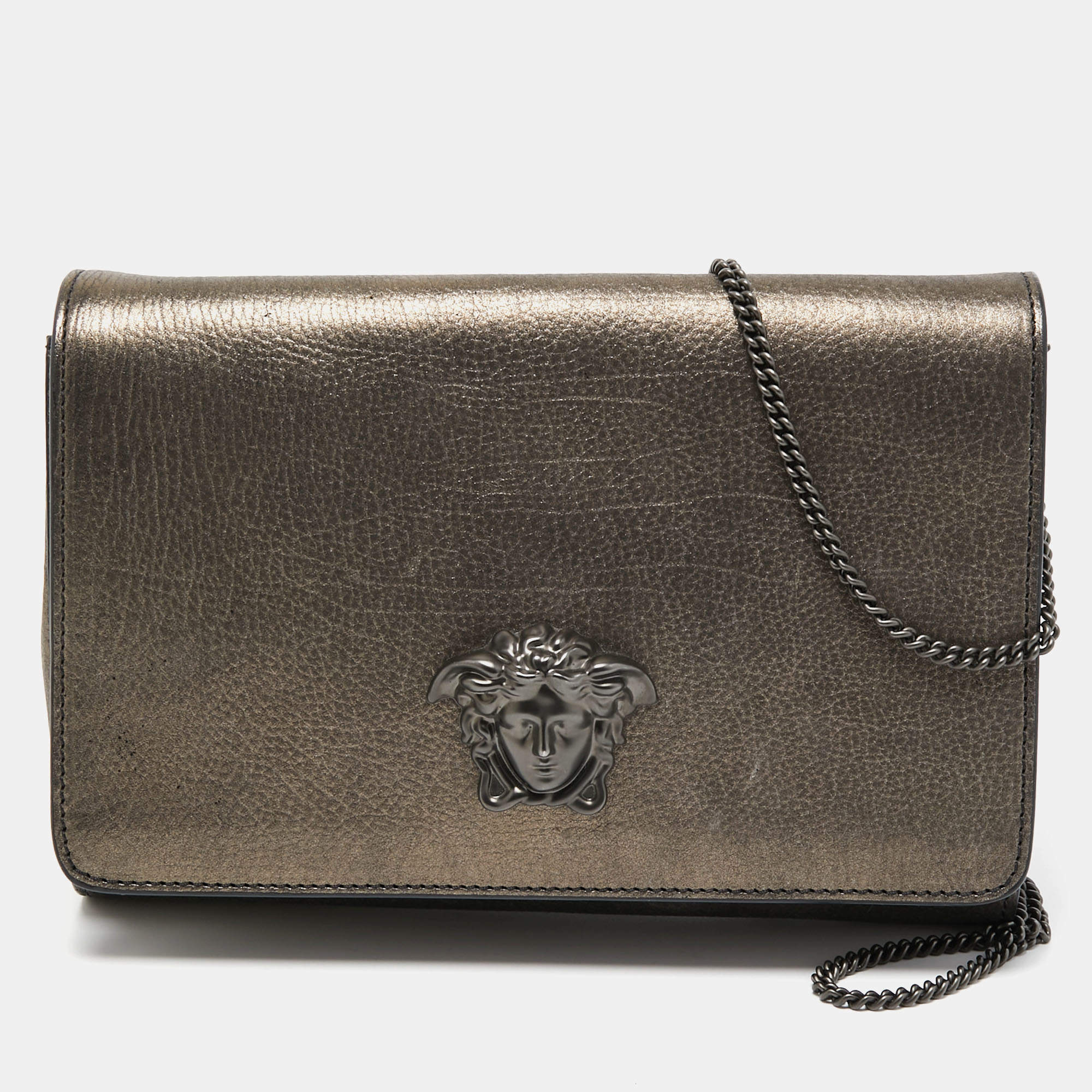 Pre Owned Versace Metallic Leather Palazzo Medusa Chain Clutch