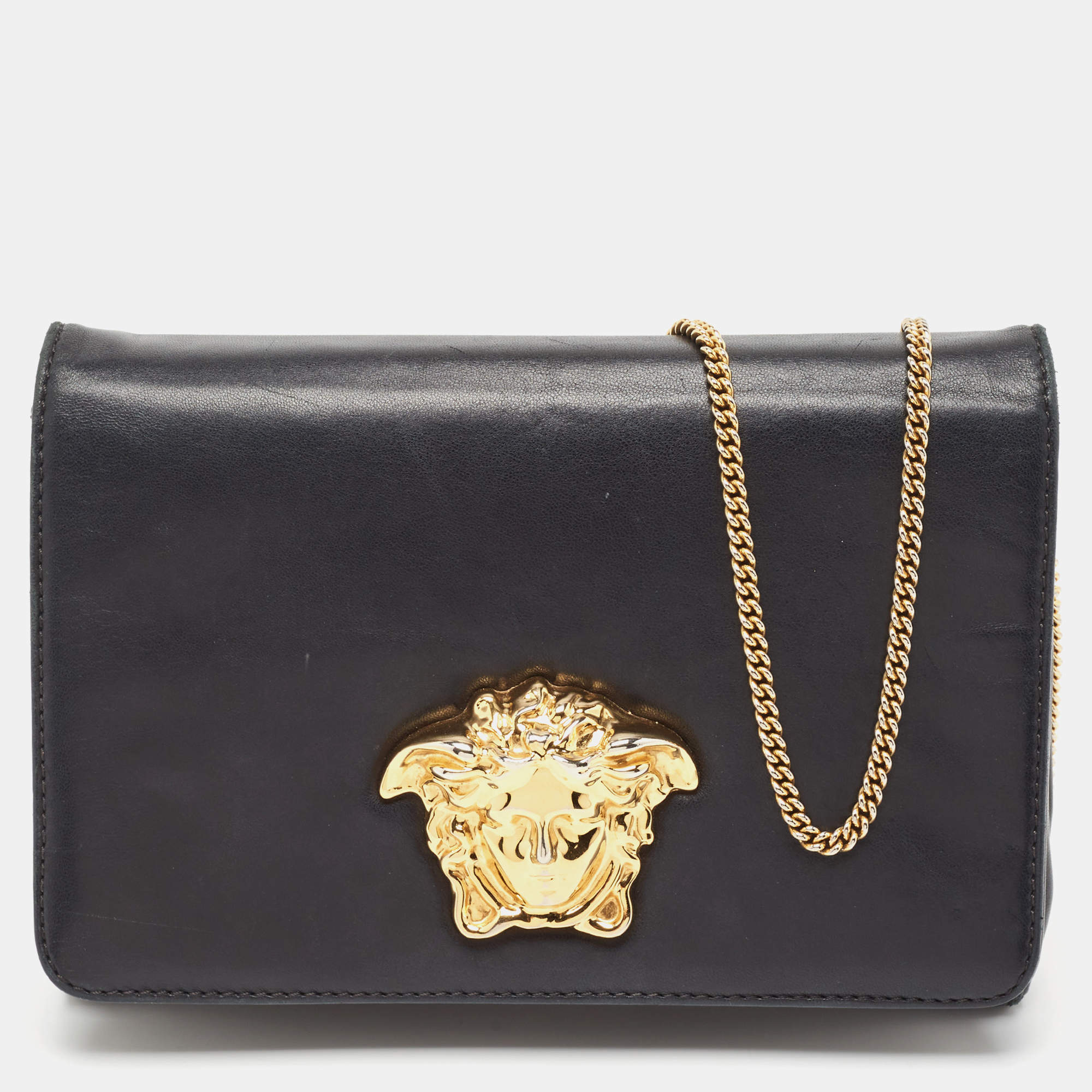 Pre Owned Versace Black Leather Medusa Chain Clutch