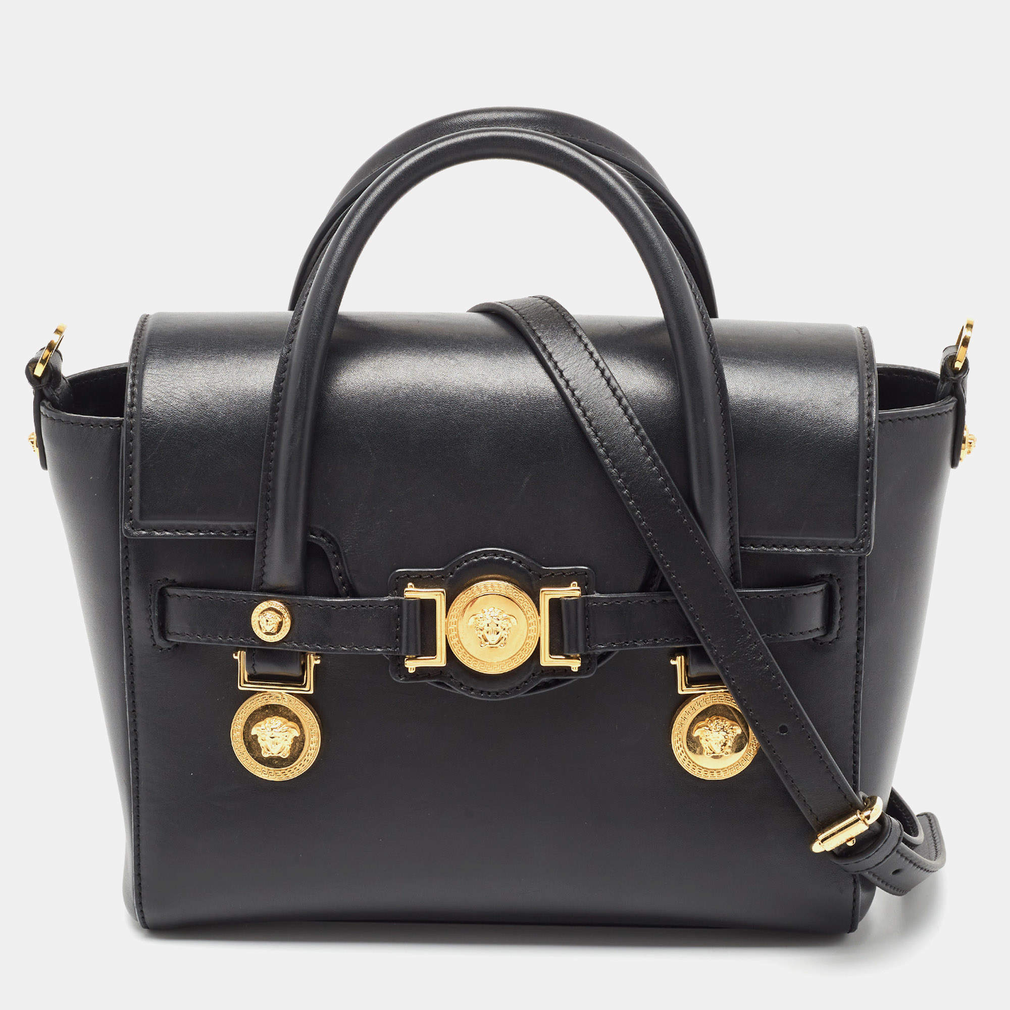 Pre Owned Versace Black Leather Medium Medusa Medallion Tote