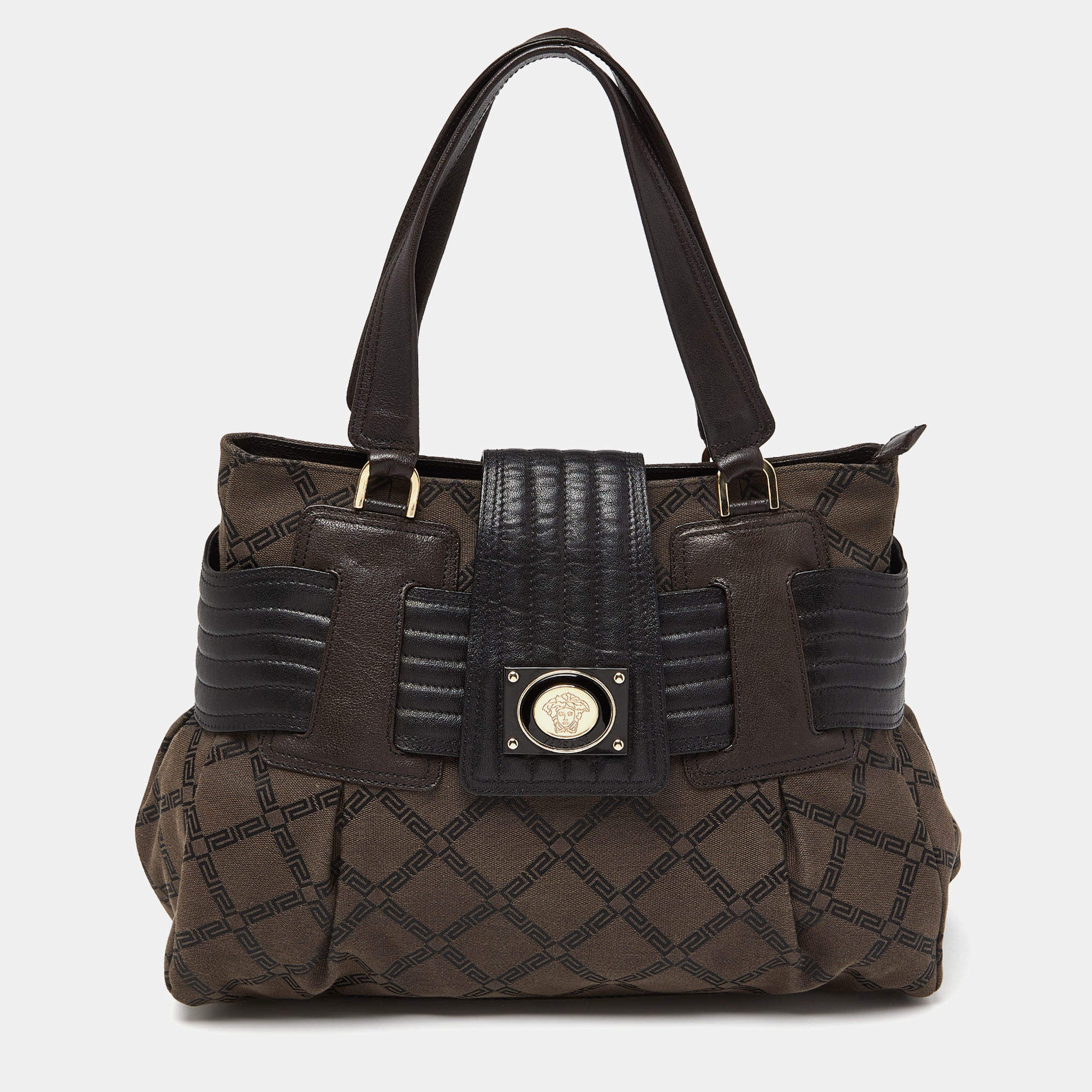 Versace Brown/Black Monogram Fabric and Leather Medusa Tote