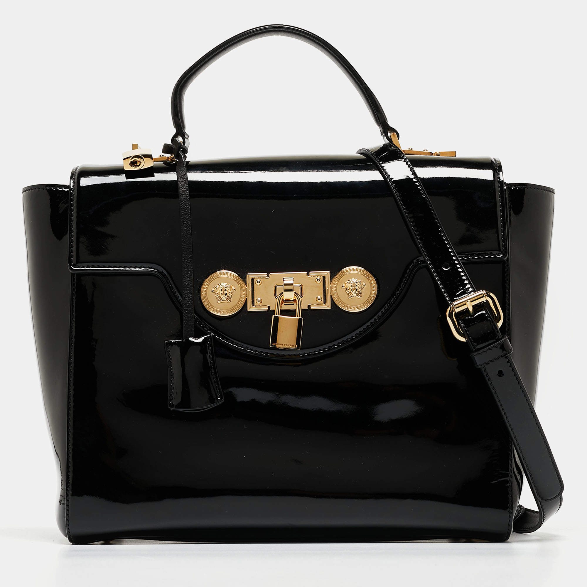 Versace Black Patent Leather Medusa Top Handle Bag