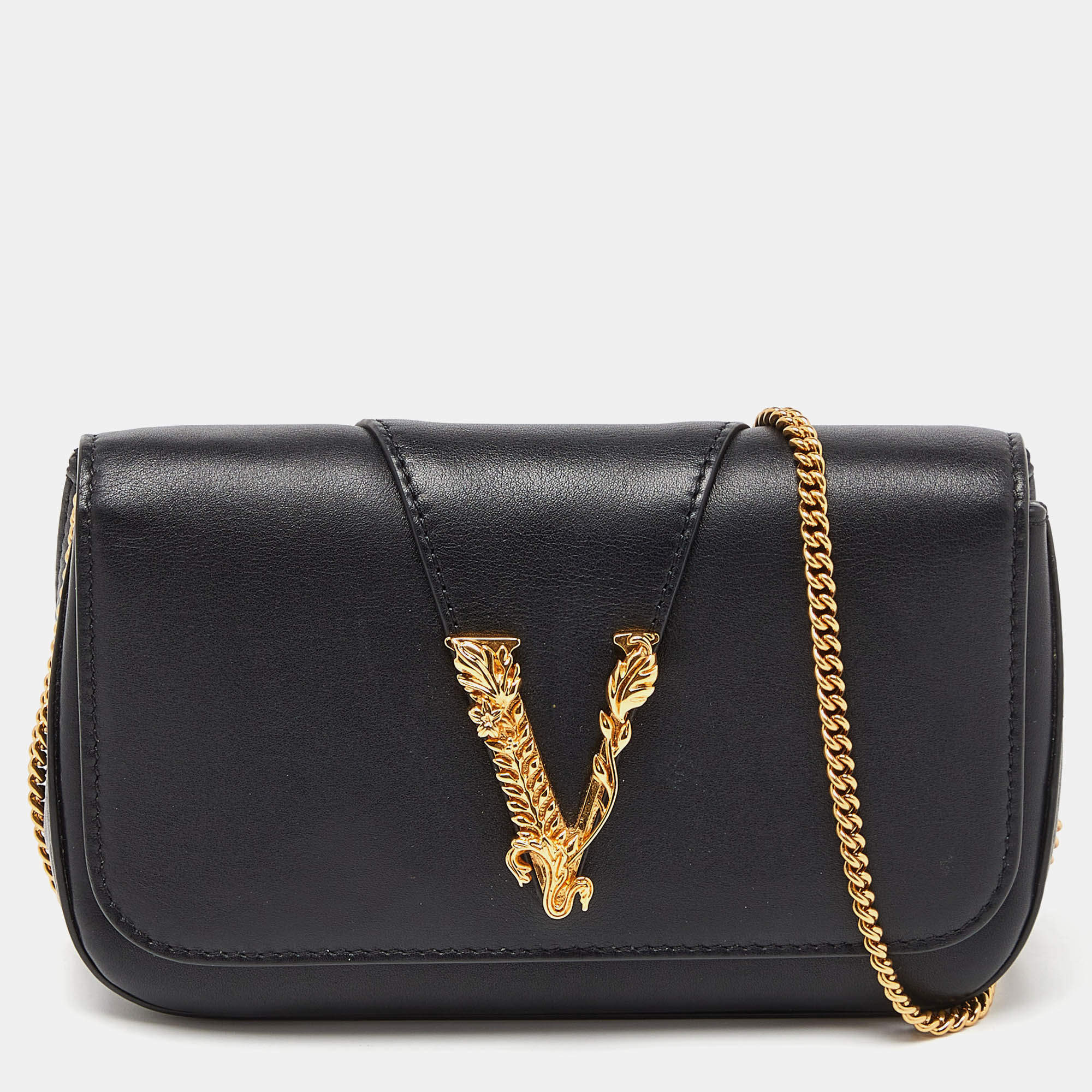 Pre Owned Versace Black Leather Flap Chain Clutch