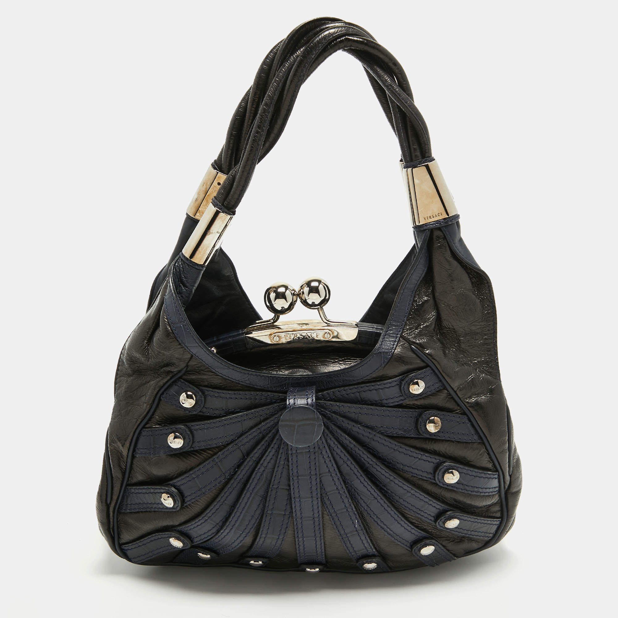 Versace Black/Navy Blue Croc Embossed Leather and Glossy Leather Kiss Lock Satchel