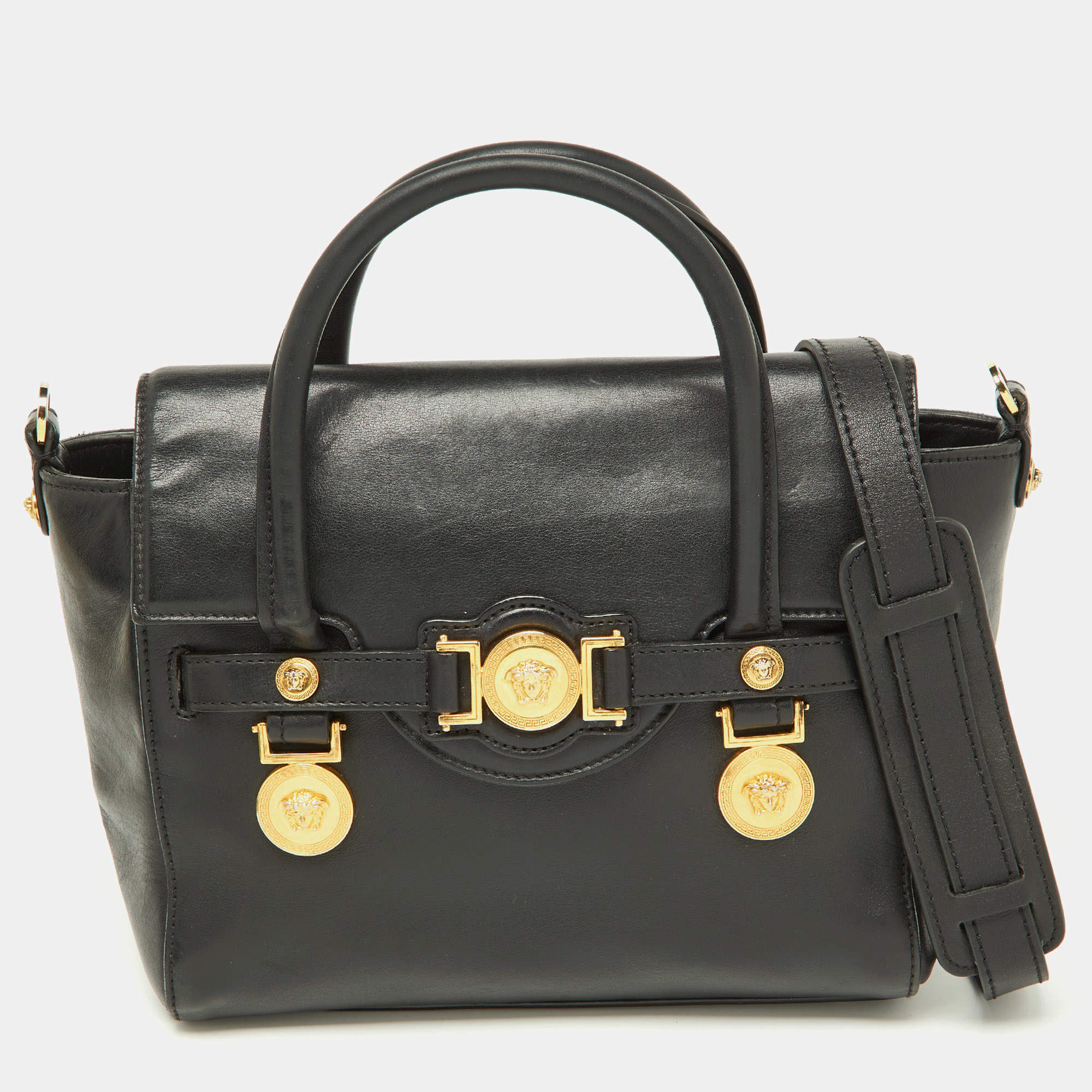 Pre Owned Versace Black Leather Medusa Medallion Tote