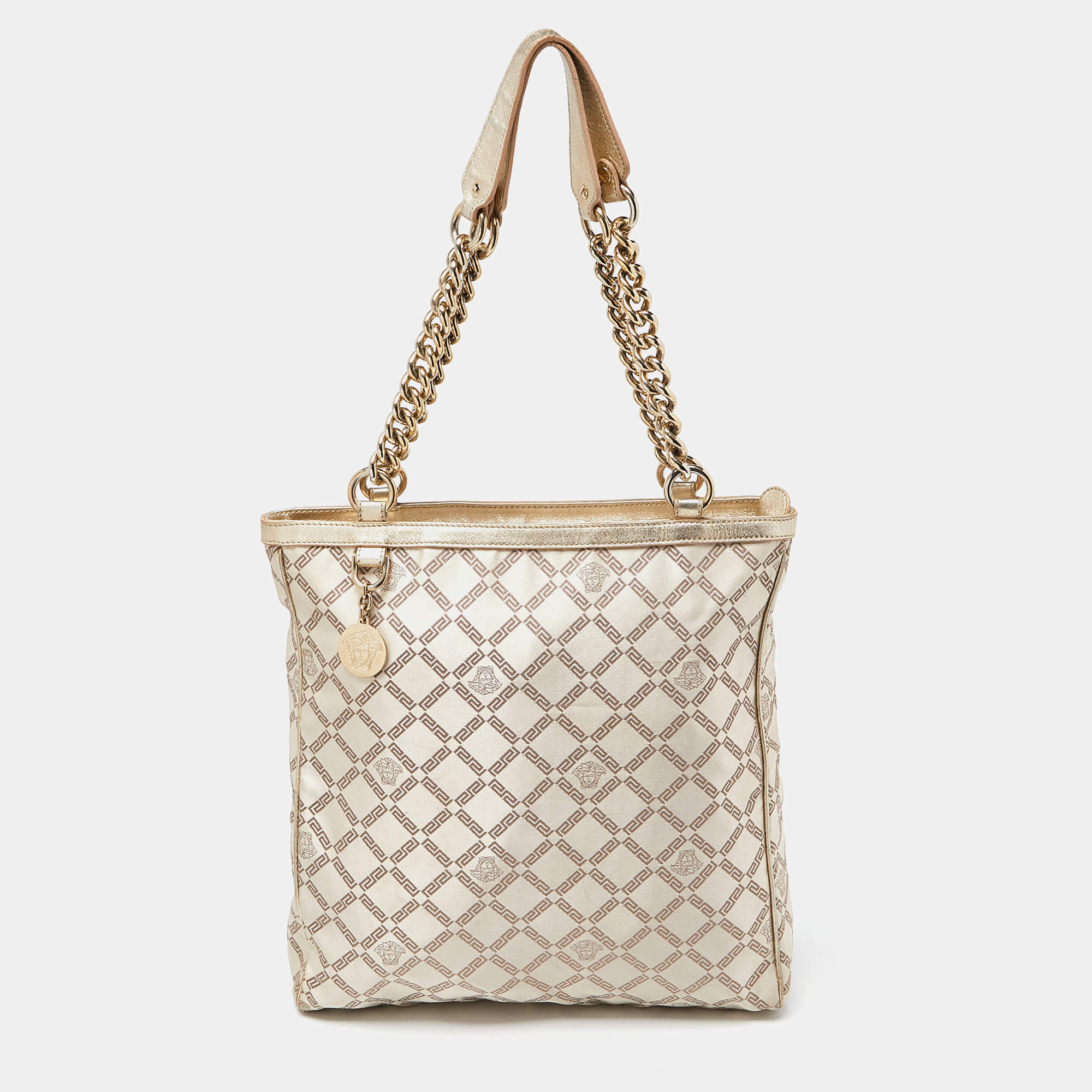 Pre Owned Versace Gold Monogram Fabric and Leather Medusa Chain Tote