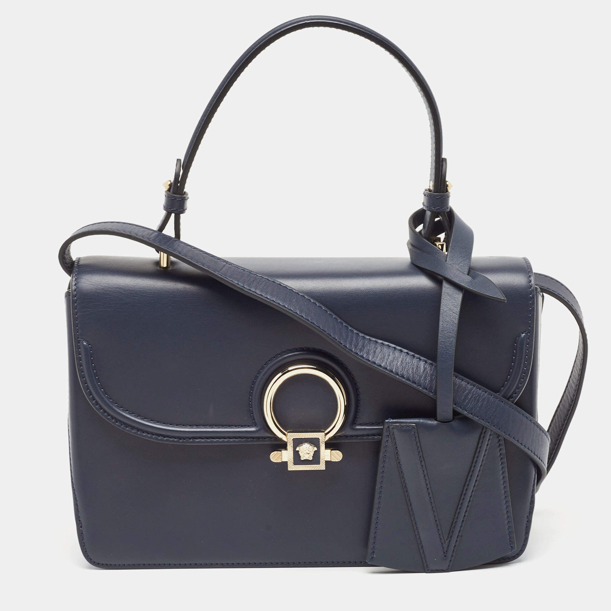 Versace Navy Blue Leather and Suede DV One Top Handle Bag