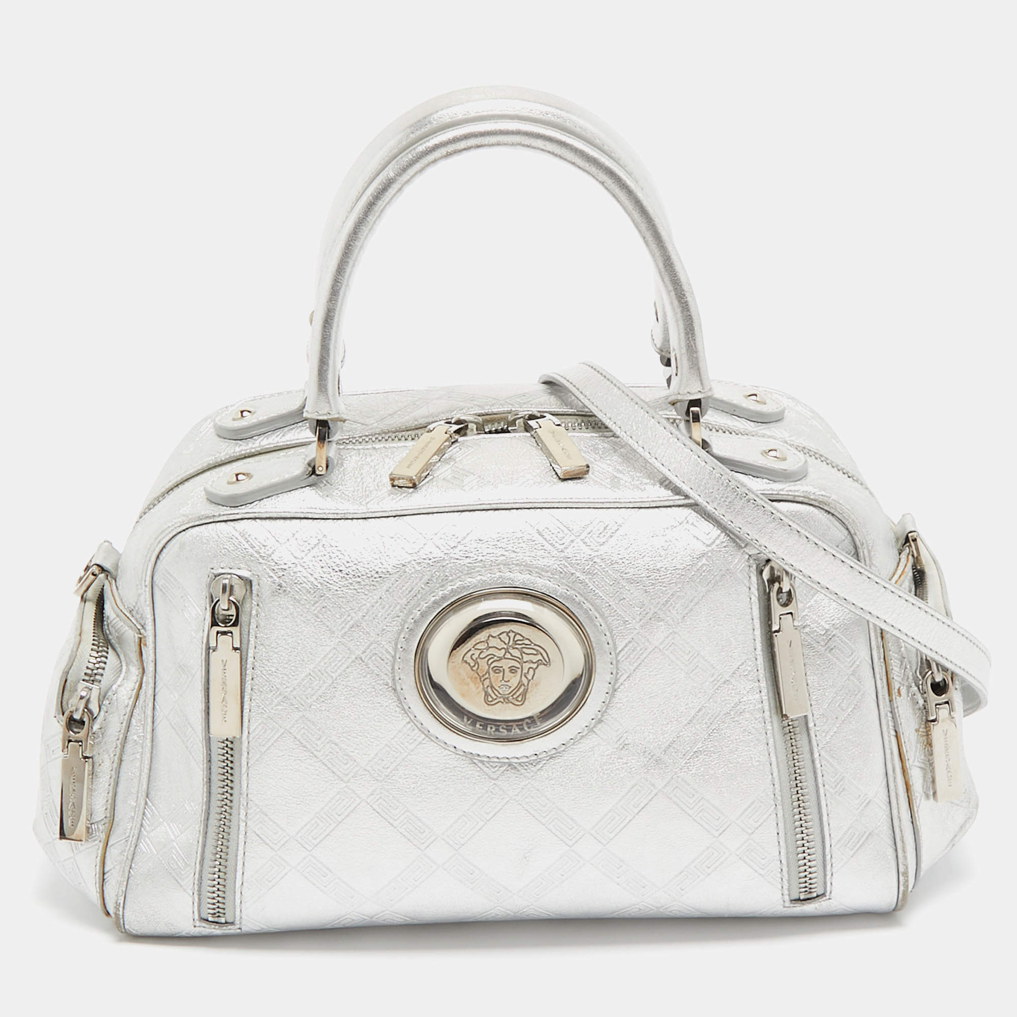 Pre Owned Versace Silver Monogram Embossed Leather Multi Pocket Medusa Satchel