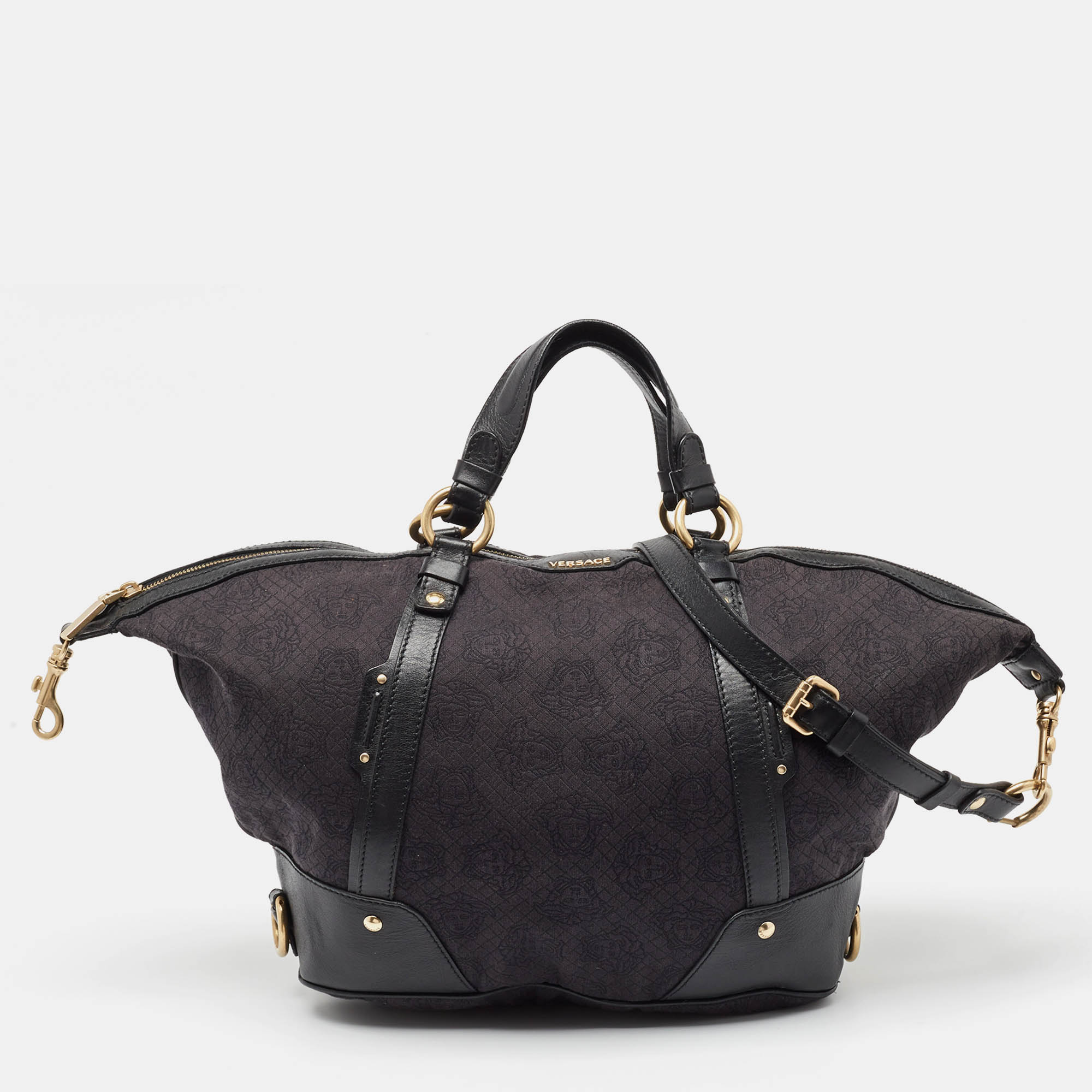 Versace Black Medusa Print Canvas and Leather Satchel