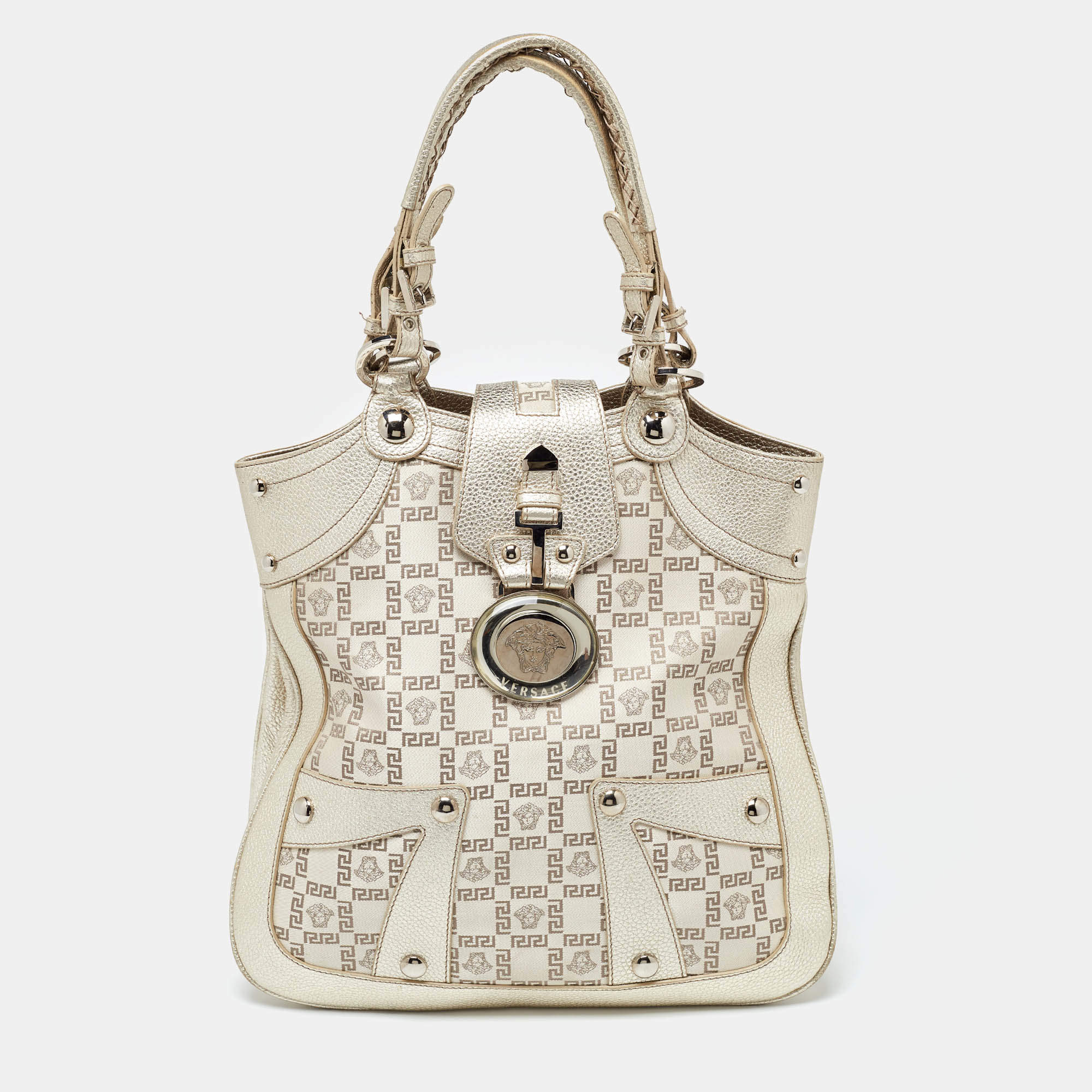 Versace Gold Monogram Fabric and Leather Medusa Flap Hobo