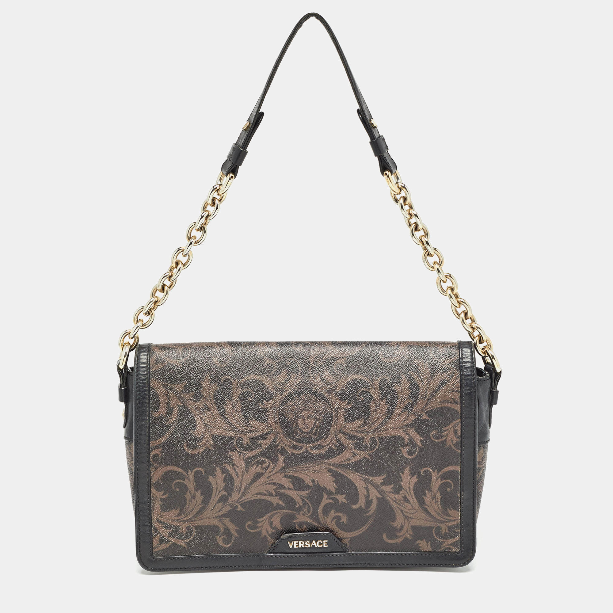 Versace Black/Brown Baroque Print Coated Canvas and Leather Flap Chain Bag