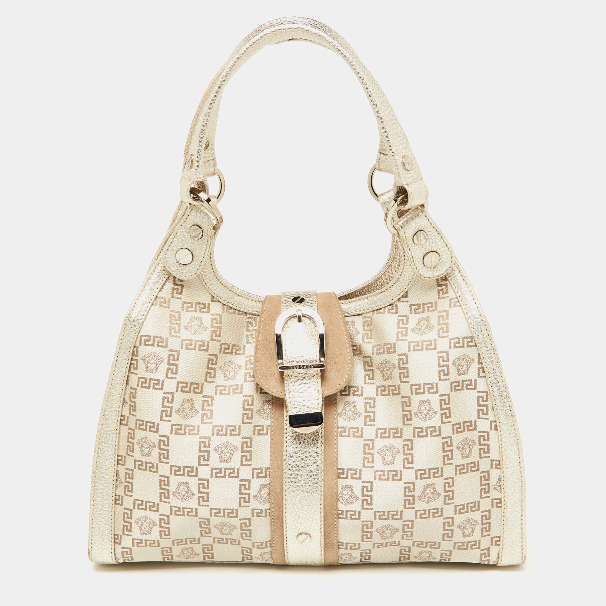 Versace Beige Metallic Gold Monogram Canvas, Leather and Suede Satchel
