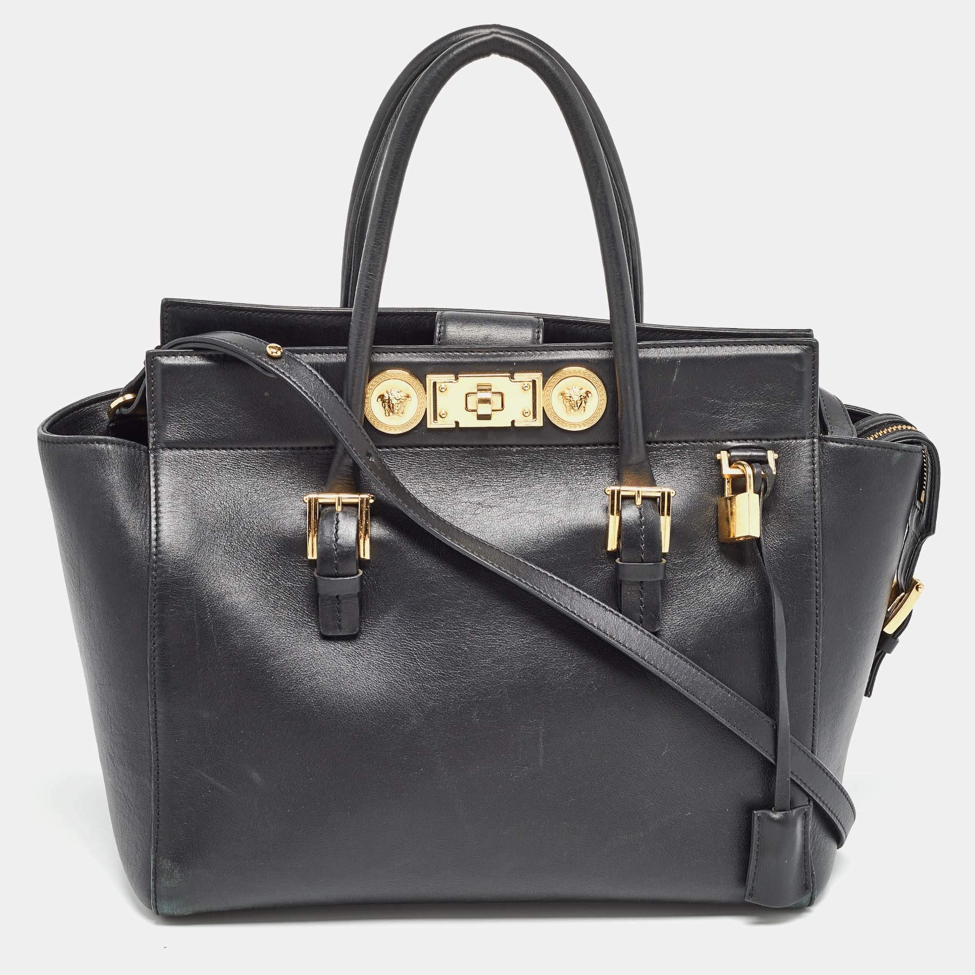 Pre Owned Versace Black Leather Medusa Tote