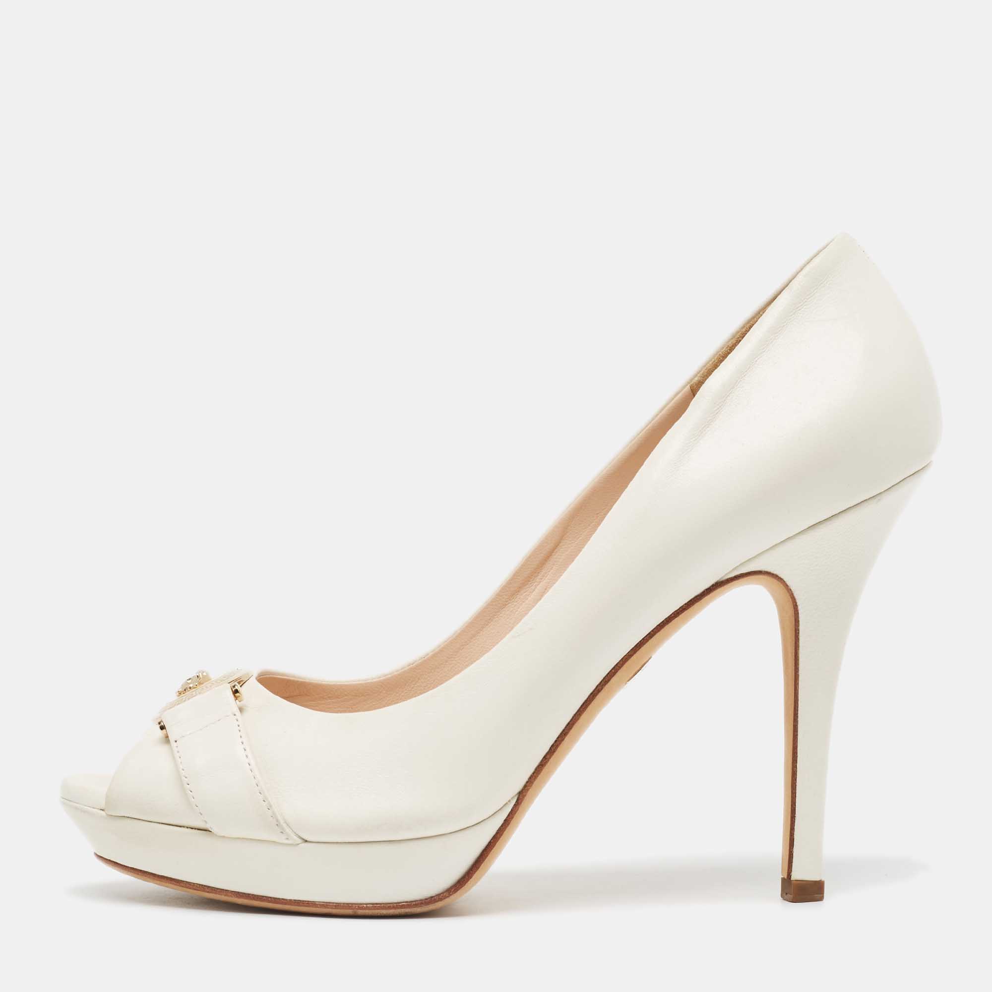 Versace Cream Leather Medusa Peep Toe Pumps Size 40