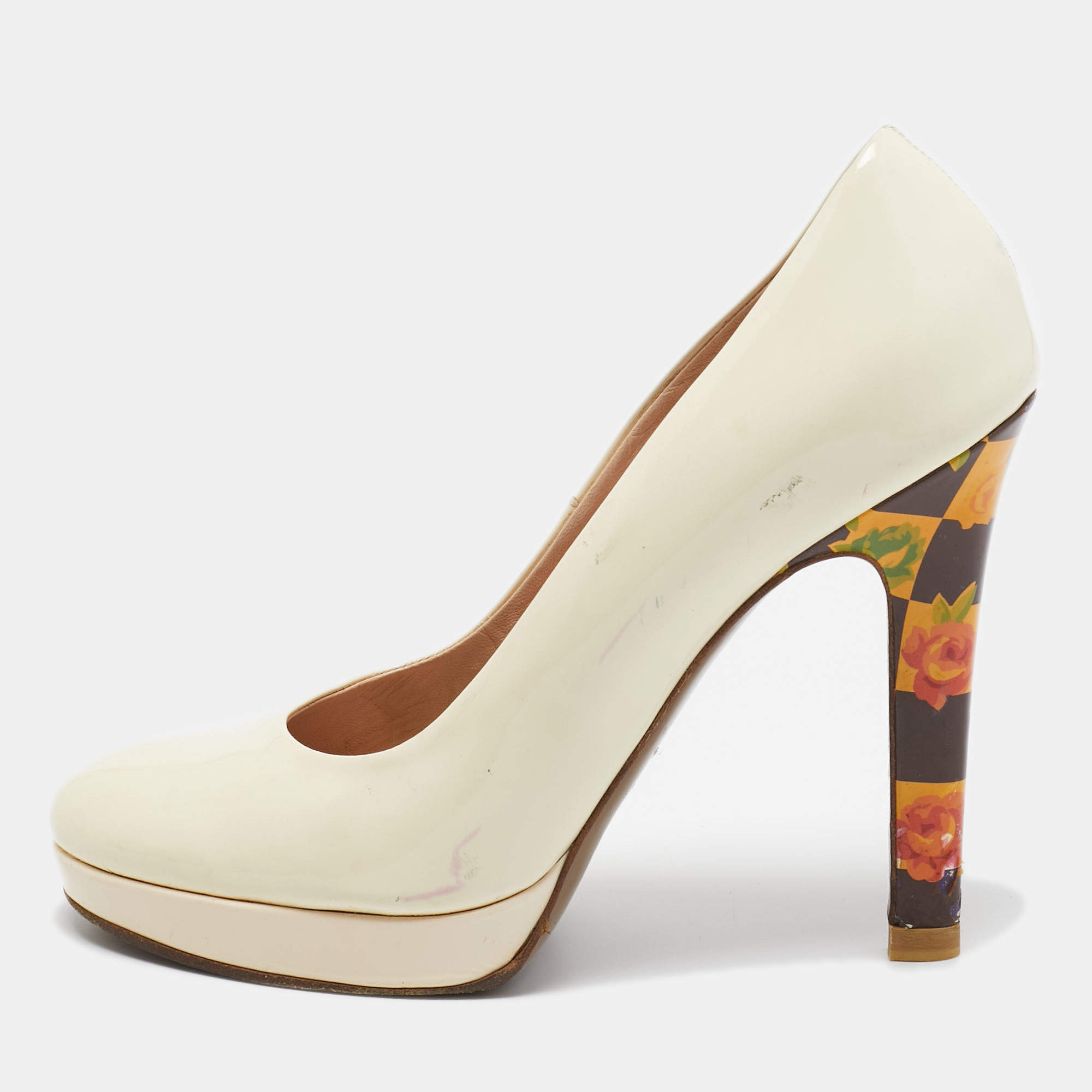 Versace Cream Patent Leather Floral Heel Platform Pumps Size 40