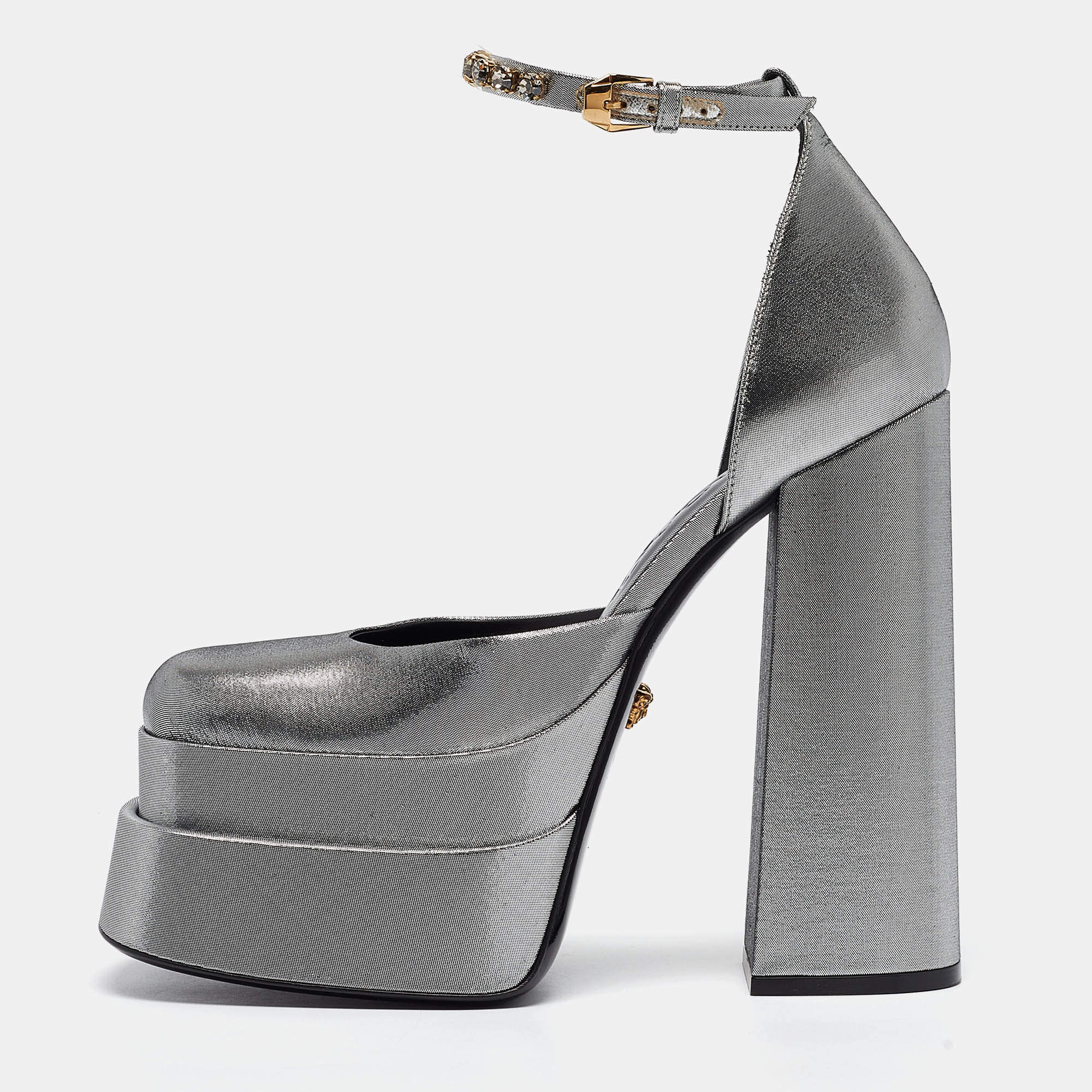 Versace Silver Lurex Fabric Medusa Aevitas Double Platform Pumps Size 37