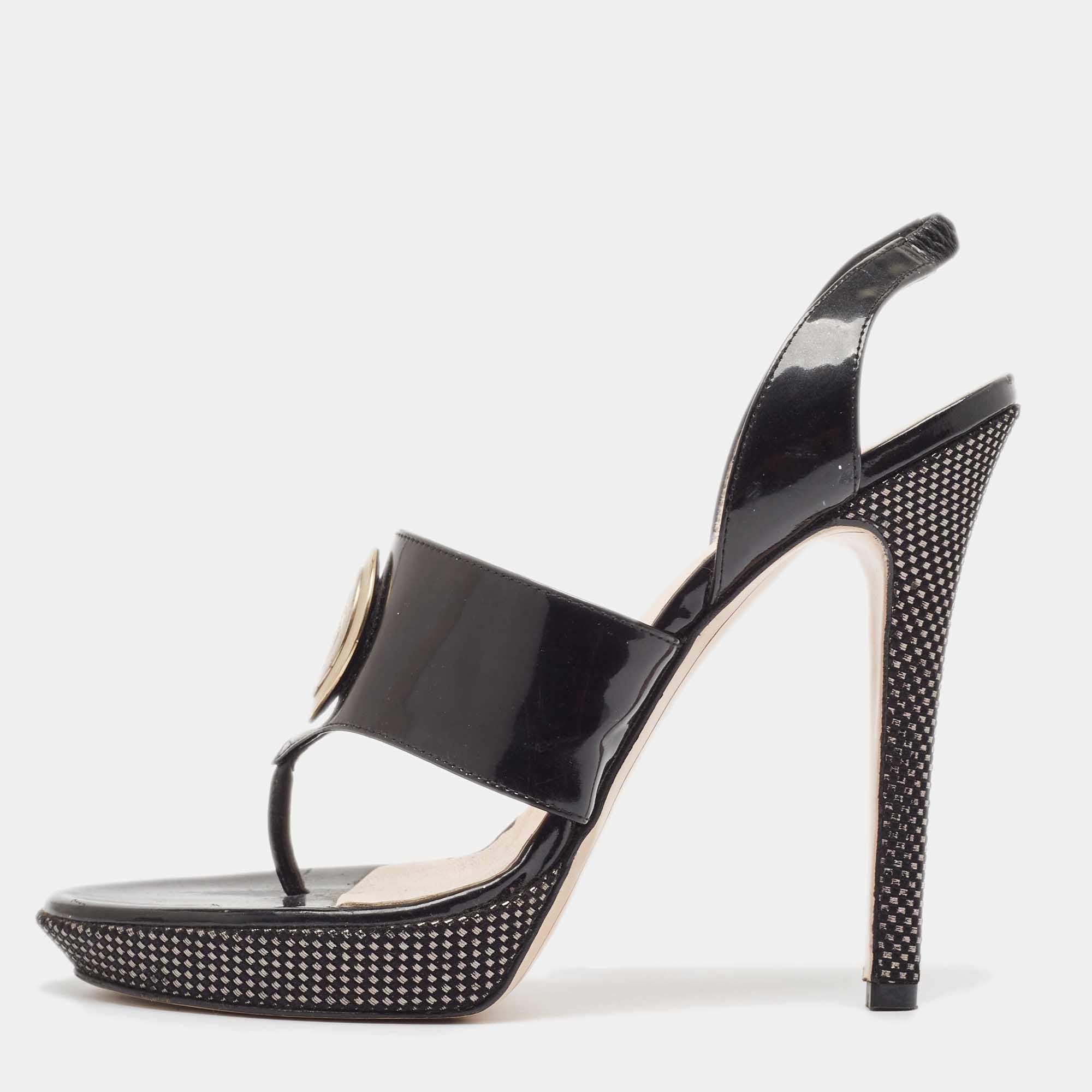 Pre Owned Versace Black Patent Leather Medusa Slingback Sandals Size 38