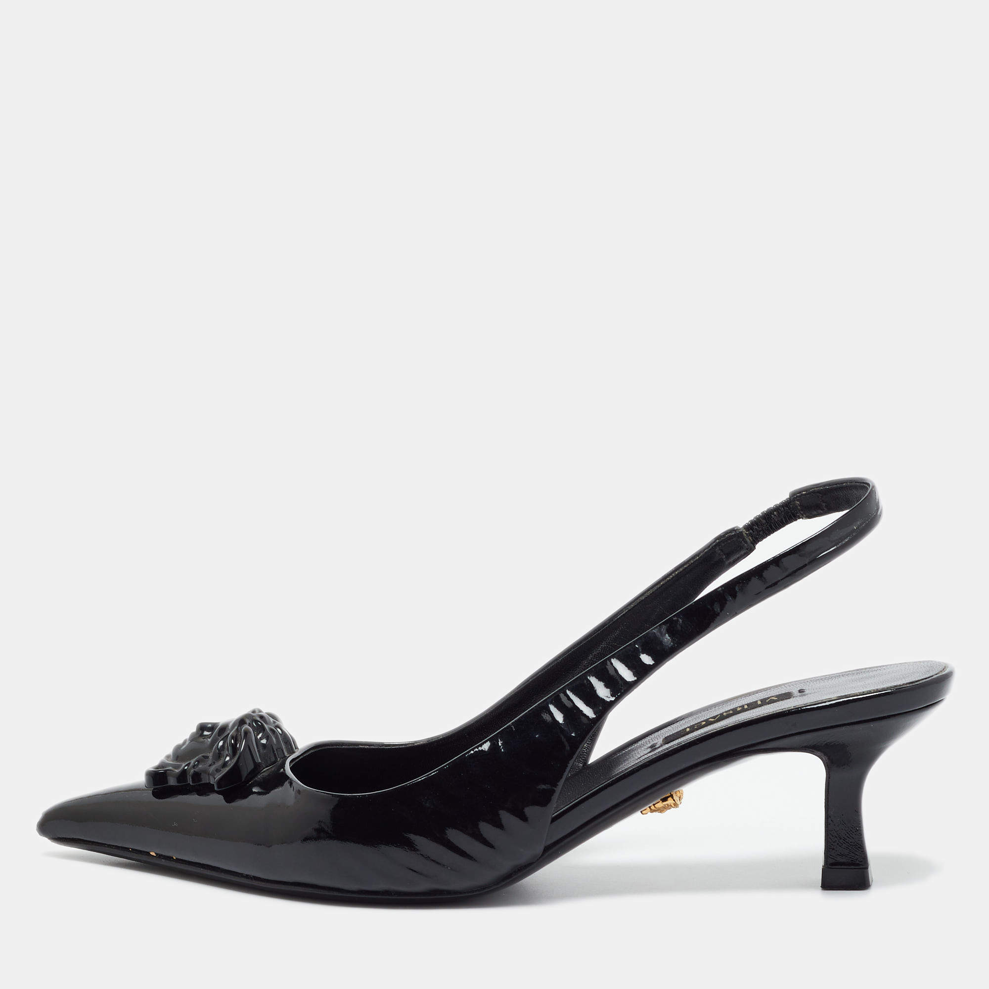 Versace Black Patent  La Medusa Slingback Pumps Size 36.5