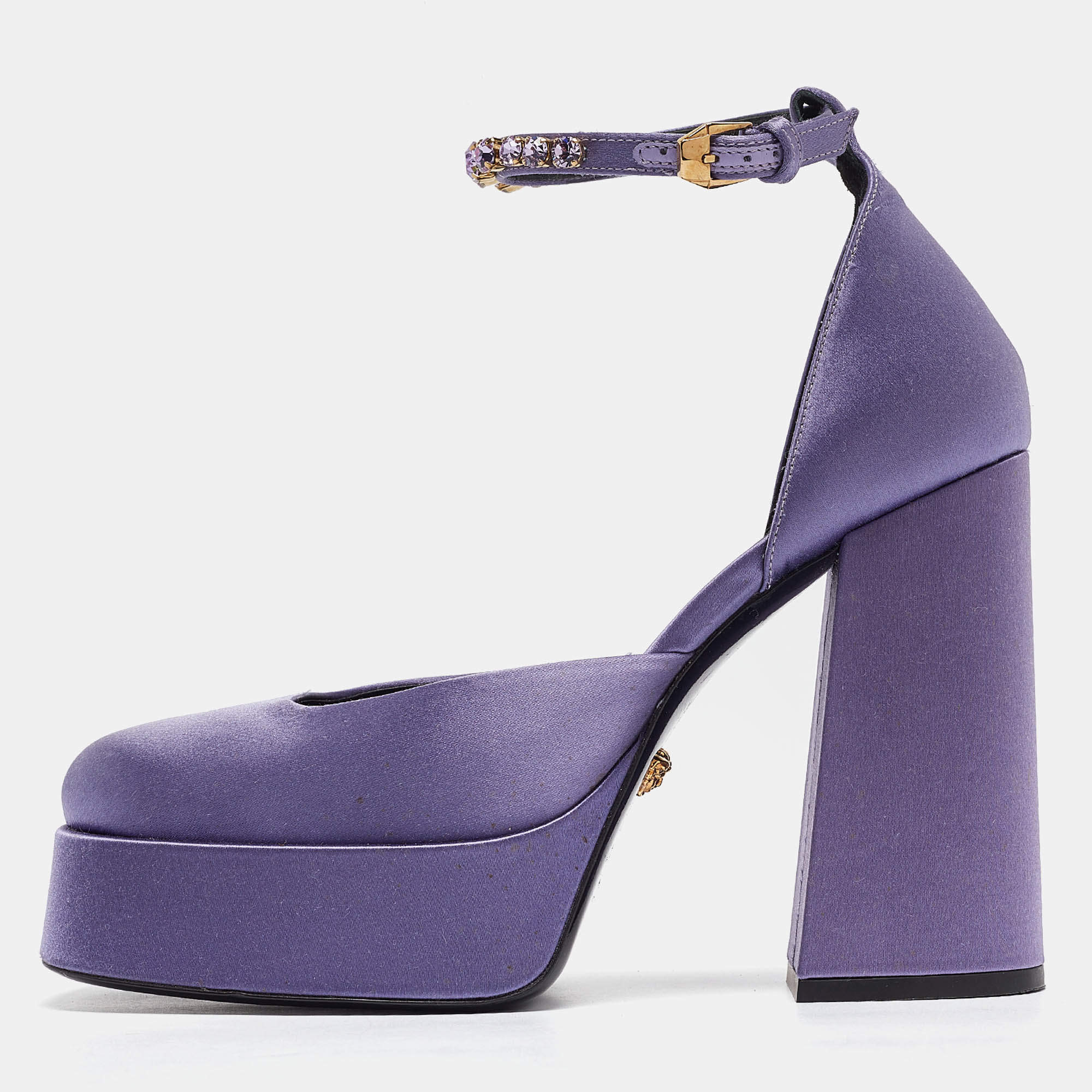 Pre Owned Versace Purple Satin Aevitas Platform Ankle Wrap Pumps Size 39