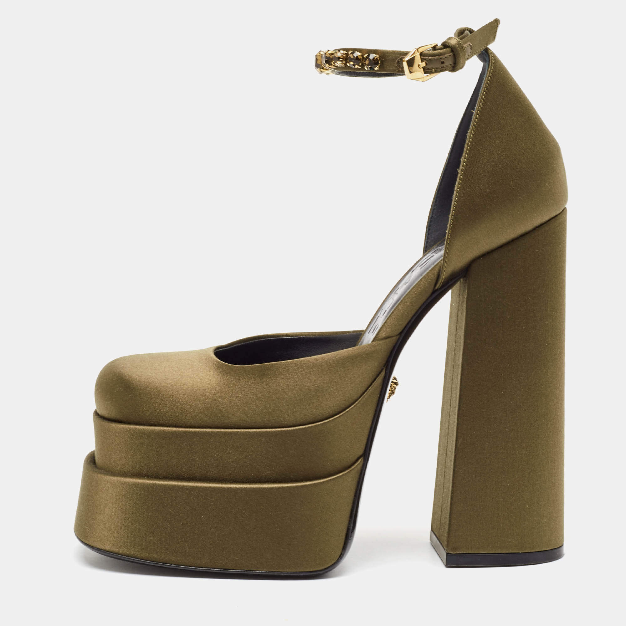 Pre Owned Versace Khaki Green Satin Crystal Embellished Aevitas Pumps Size 37