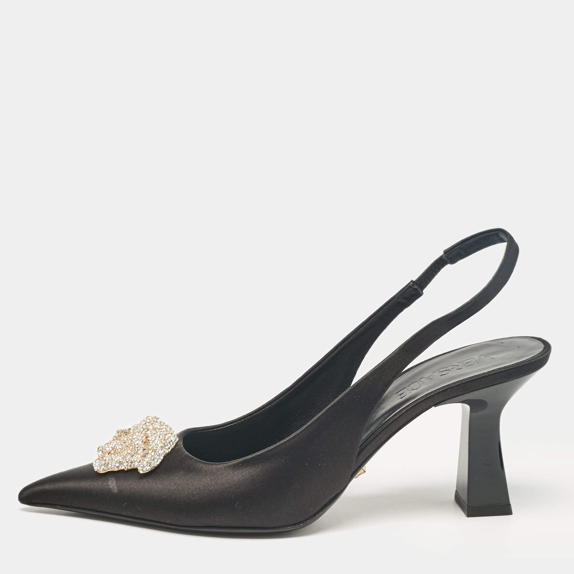 مملوكة مسبقًا Versace Black Satin Crystal Embellished La Medusa Slingback Pumps Size 38